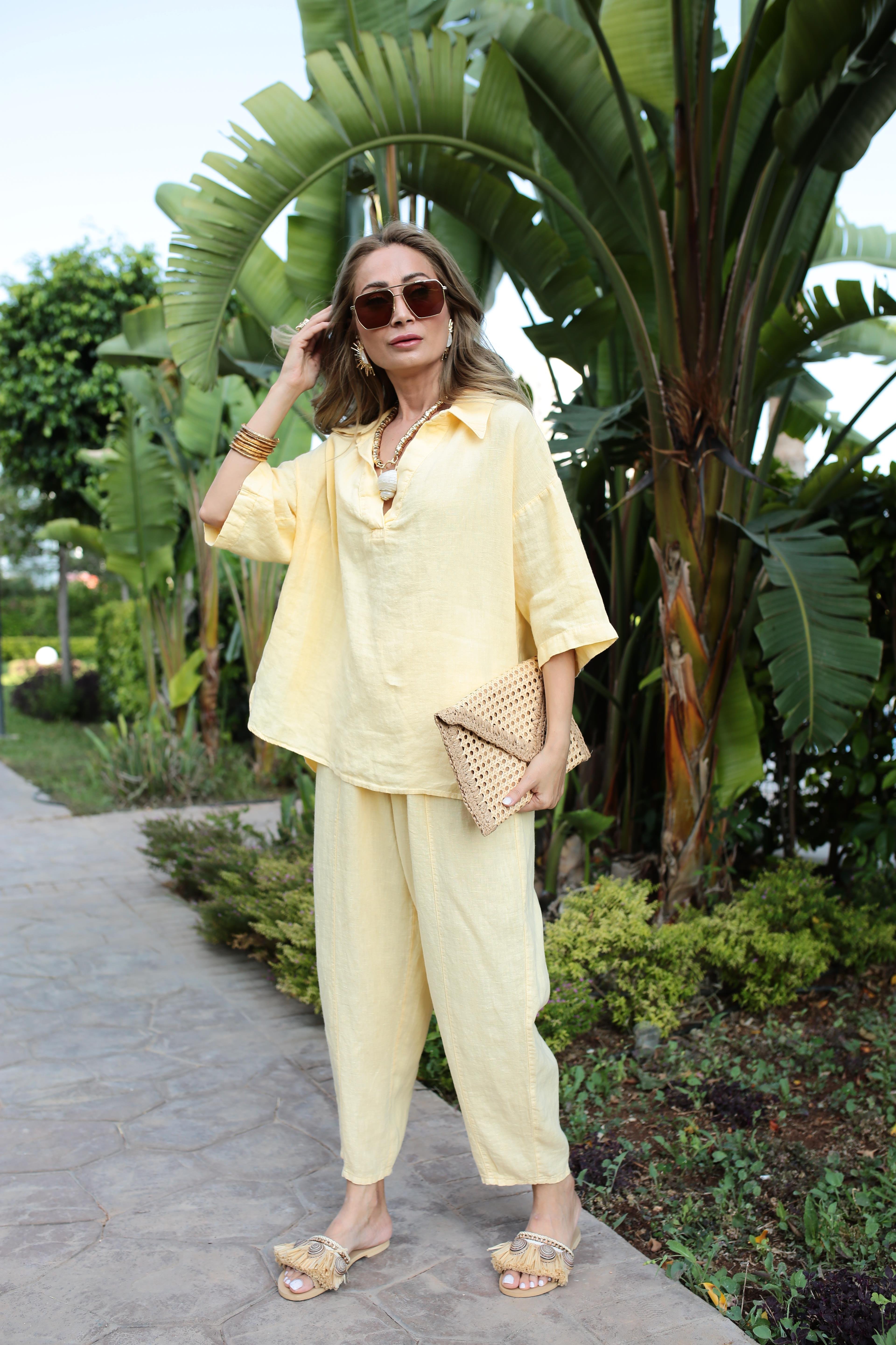 V Yaka Şalvar Kesim Sarı Keten Takım TAKIM | NO33