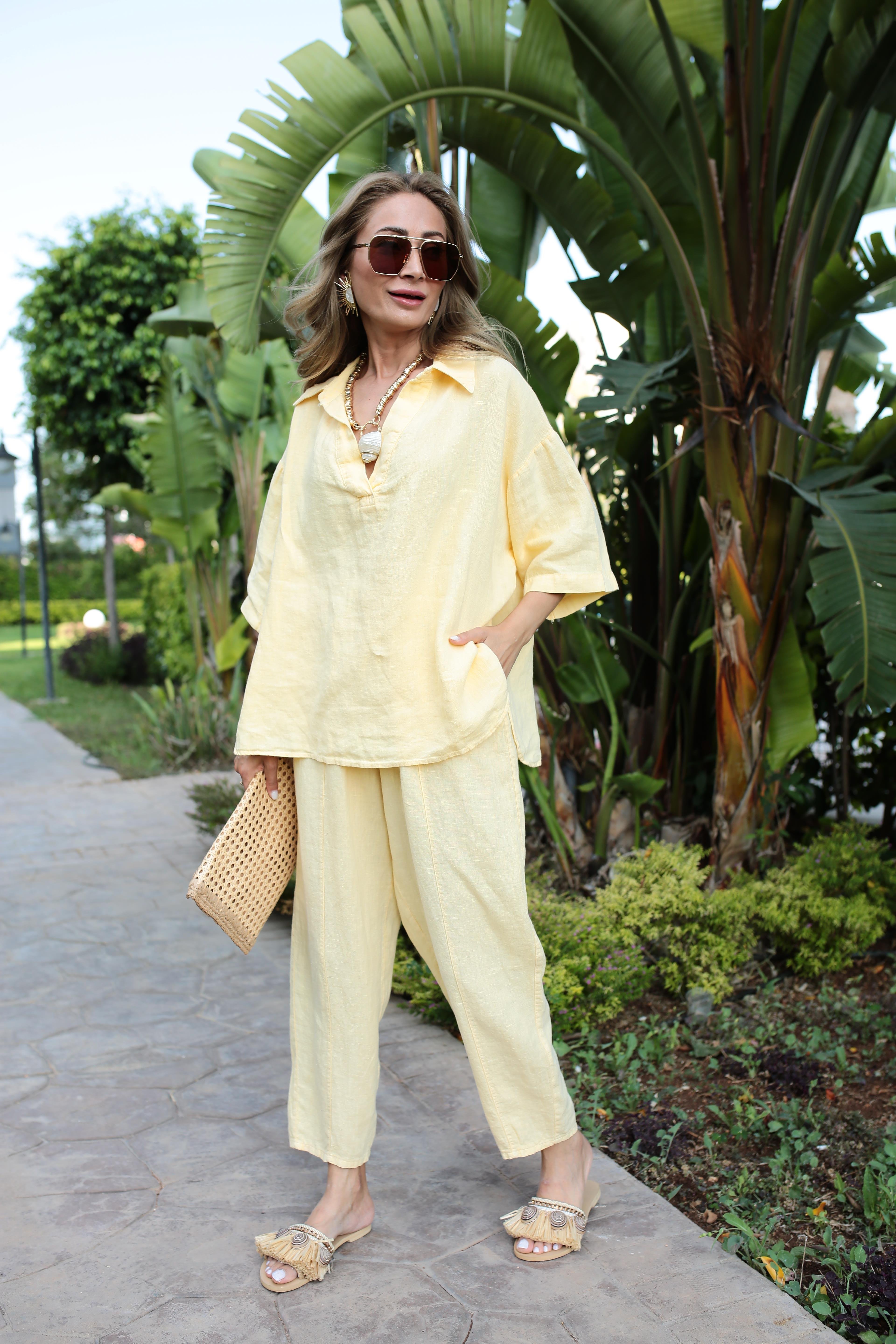 V Yaka Şalvar Kesim Sarı Keten Takım TAKIM | NO33