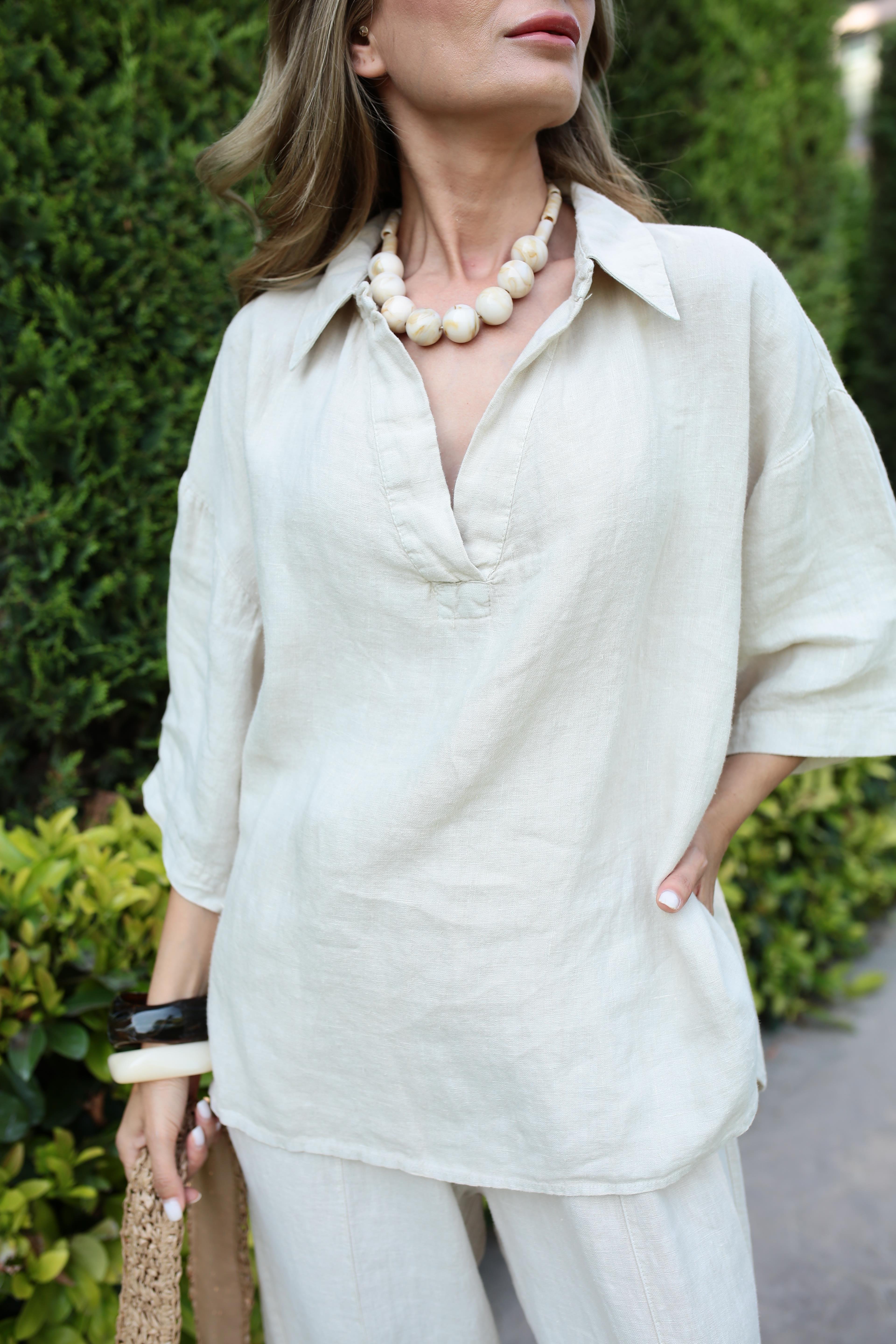 V Yaka Şalvar Kesim Taş Keten Takım TAKIM | NO33