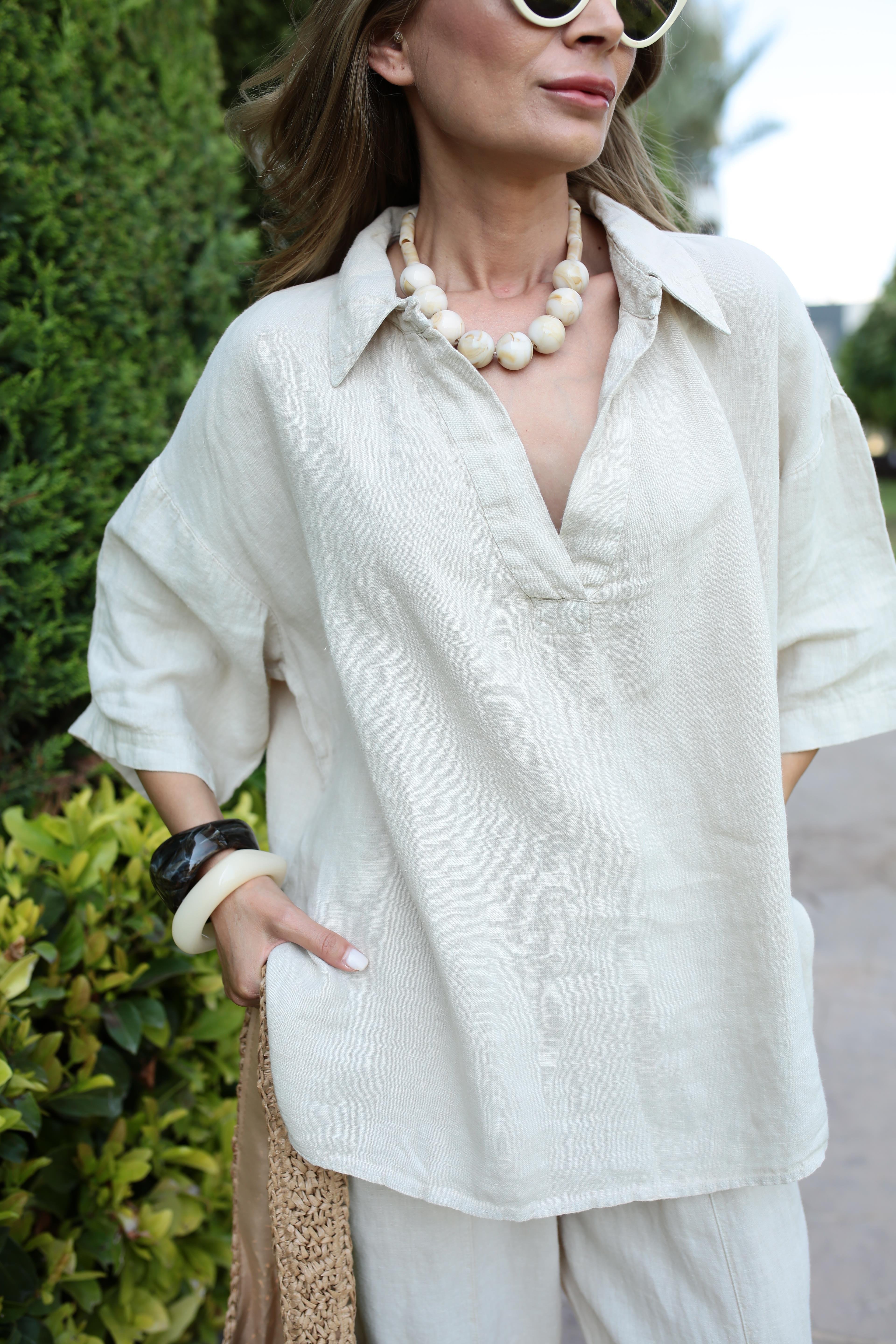 V Yaka Şalvar Kesim Taş Keten Takım TAKIM | NO33