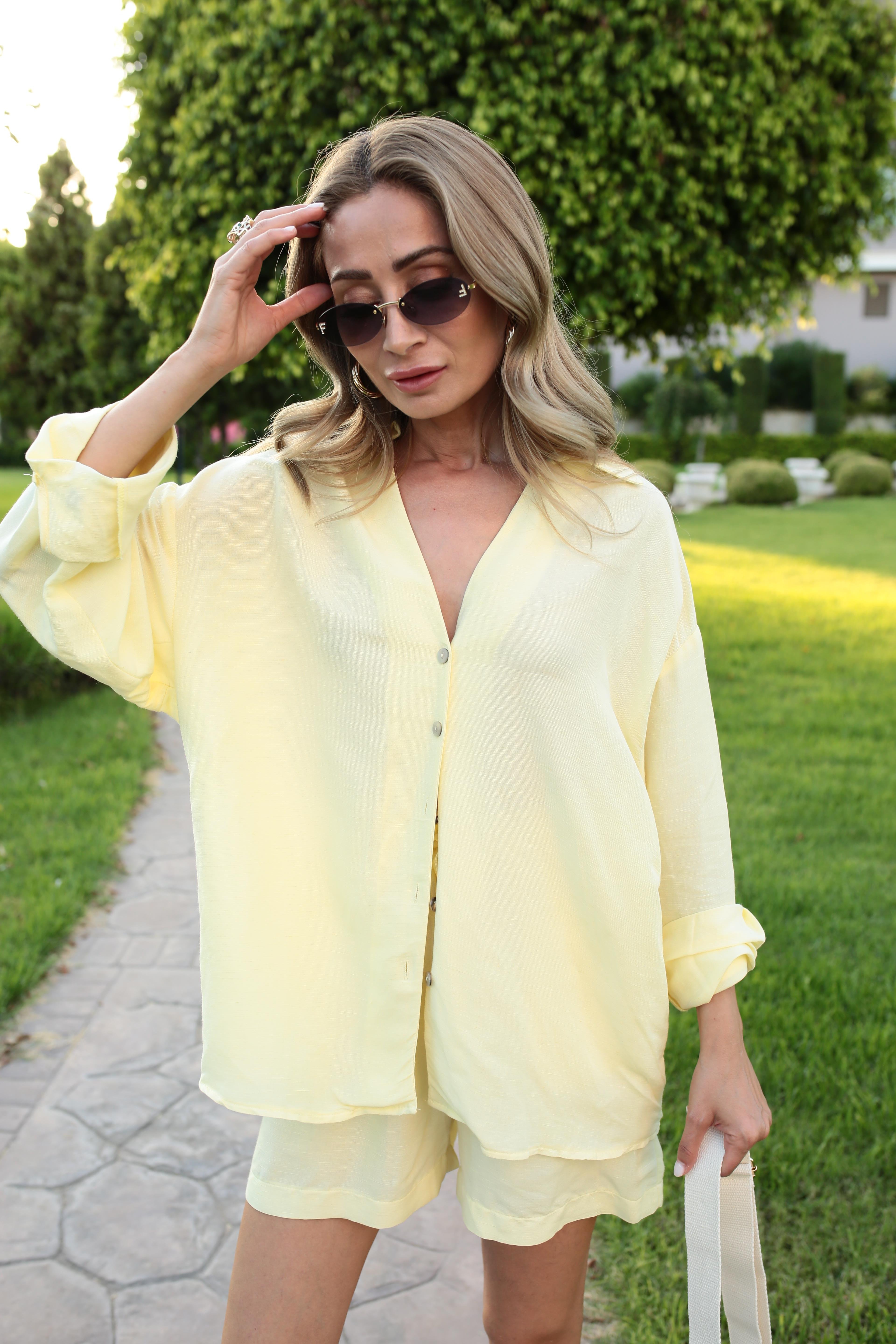 V Yaka Sarı Keten Şort Gömlek Takım TAKIM | NO33