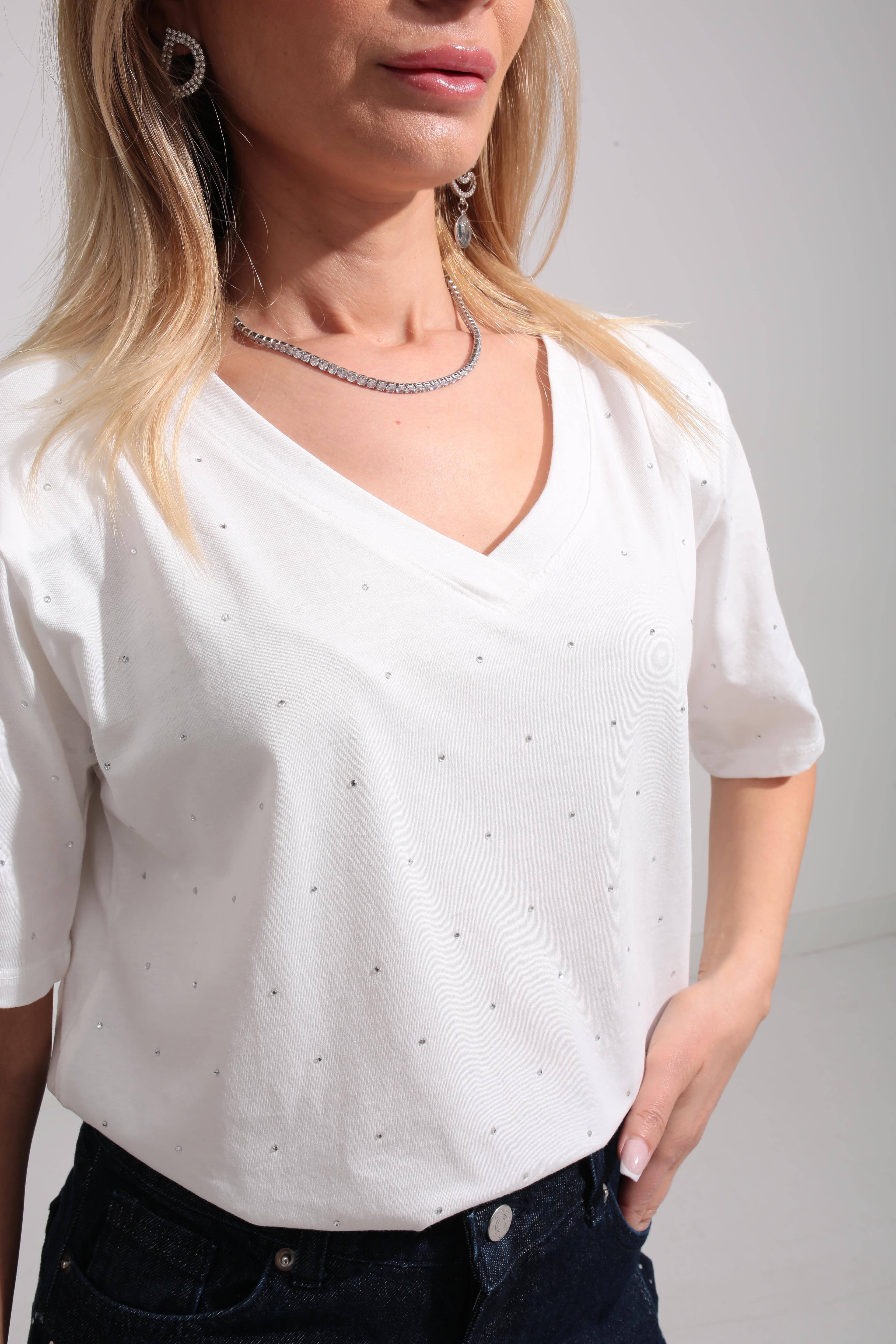 V Yaka Vatkalı Taşlı Beyaz Tshirt T-SHİRT