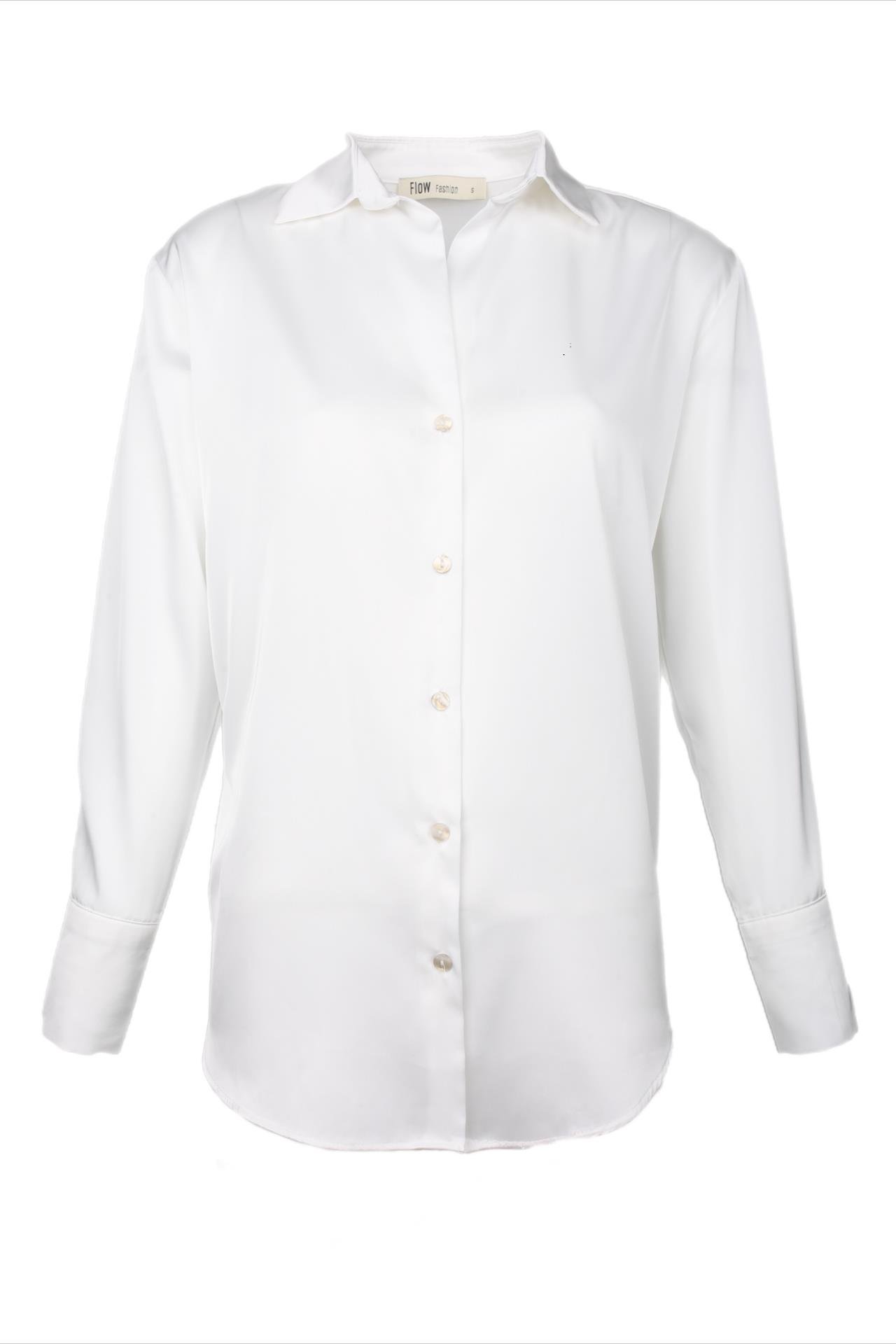 V Yakalı Beyaz Saten Gömlek GÖMLEK