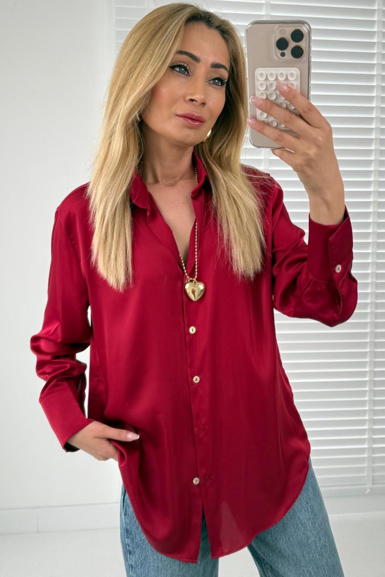 V Yakalı Bordo Saten Gömlek GÖMLEK