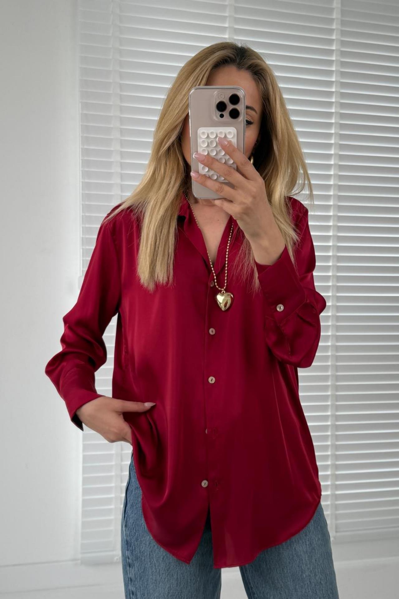 V Yakalı Bordo Saten Gömlek GÖMLEK