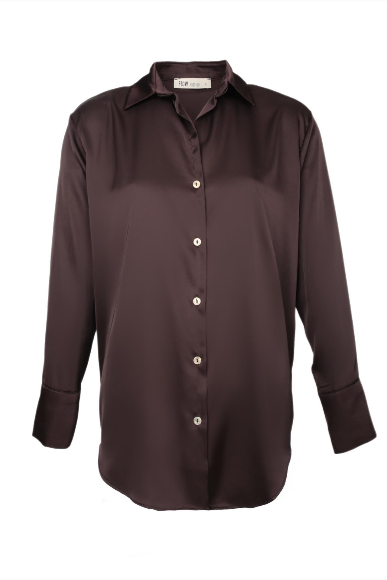 V Yakalı Kahve Saten Gömlek GÖMLEK