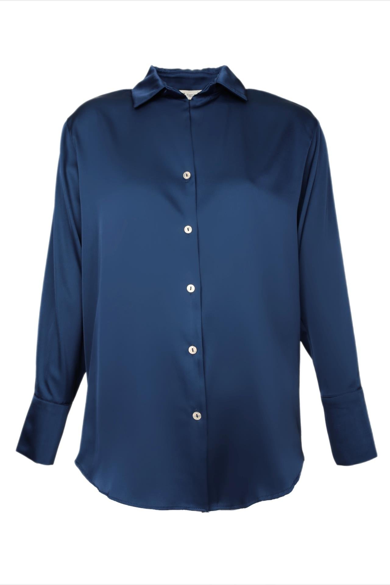 V Yakalı Lacivert Saten Gömlek GÖMLEK