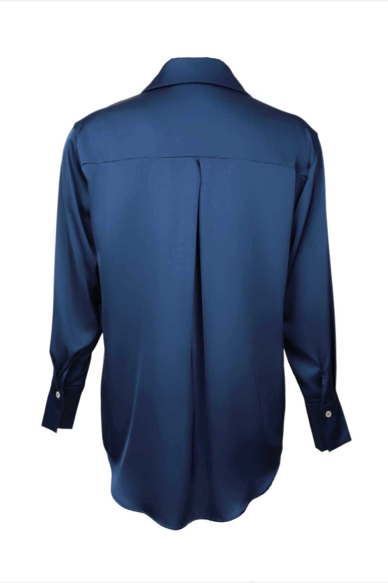 V Yakalı Lacivert Saten Gömlek GÖMLEK