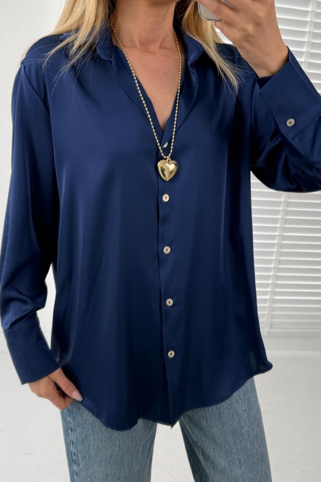 V Yakalı Lacivert Saten Gömlek GÖMLEK