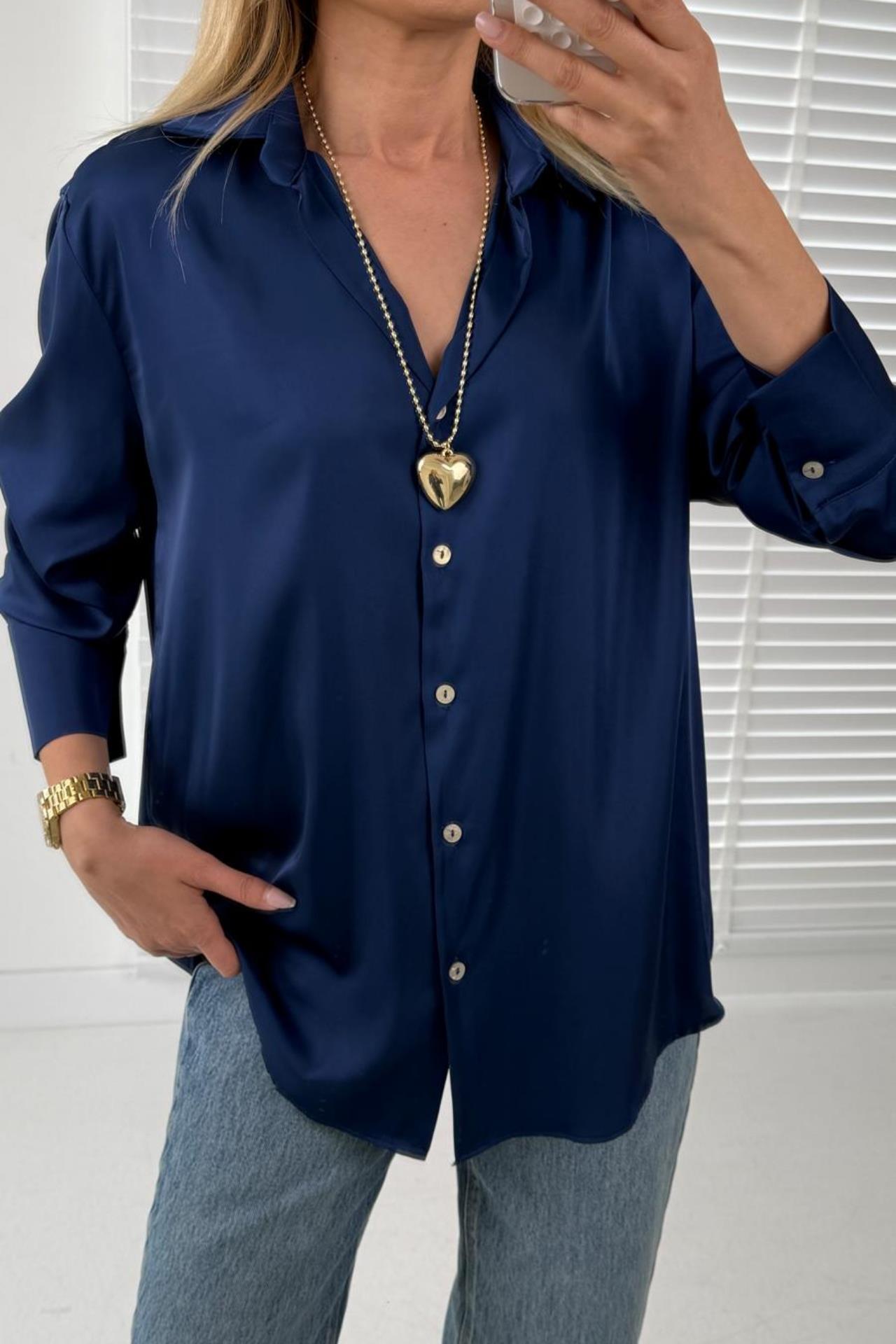 V Yakalı Lacivert Saten Gömlek GÖMLEK