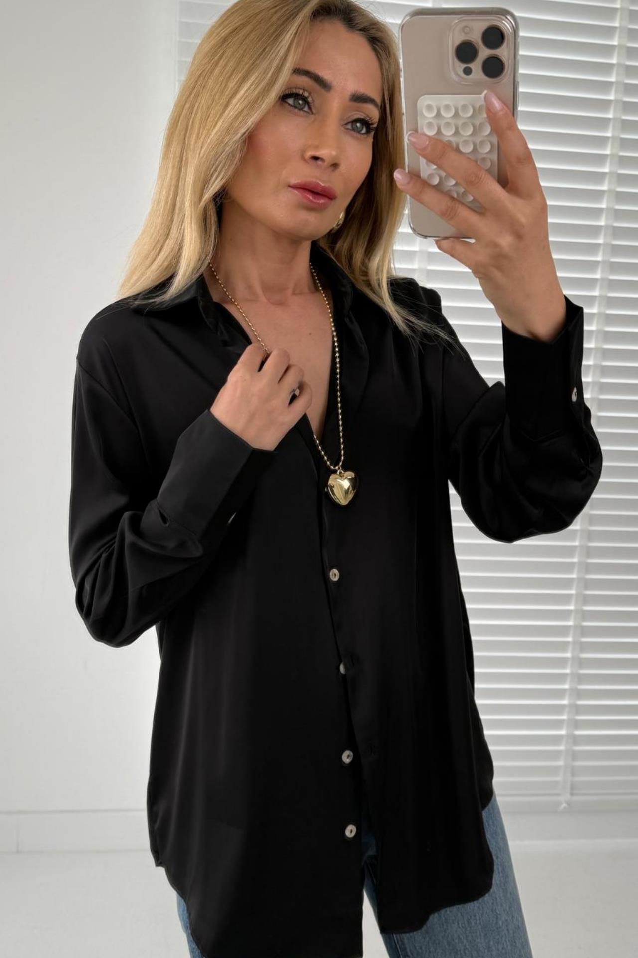 V Yakalı Siyah Saten Gömlek GÖMLEK