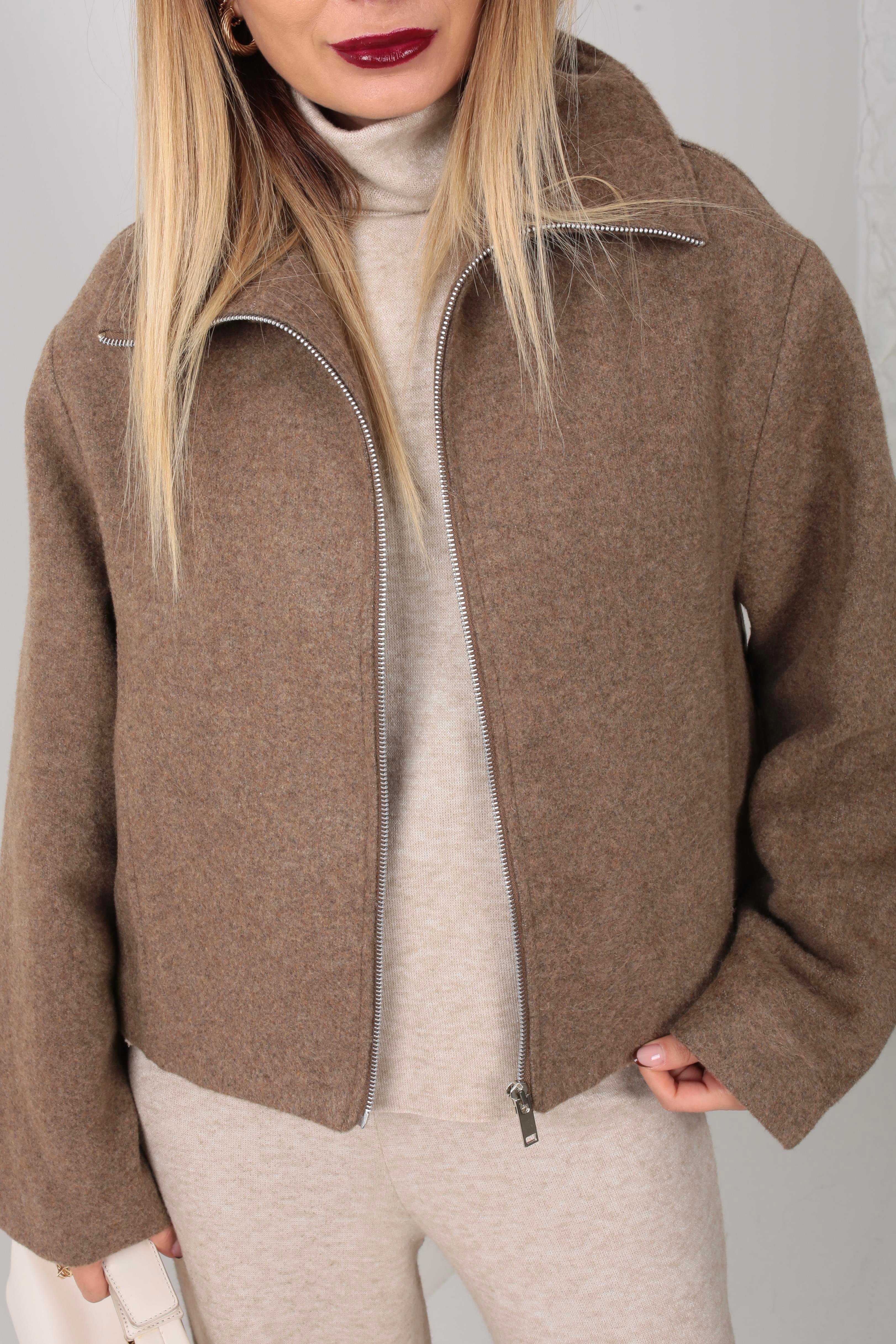 Vizon Dik Yaka Fermuarlı Kısa Kaşe Ceket CEKET