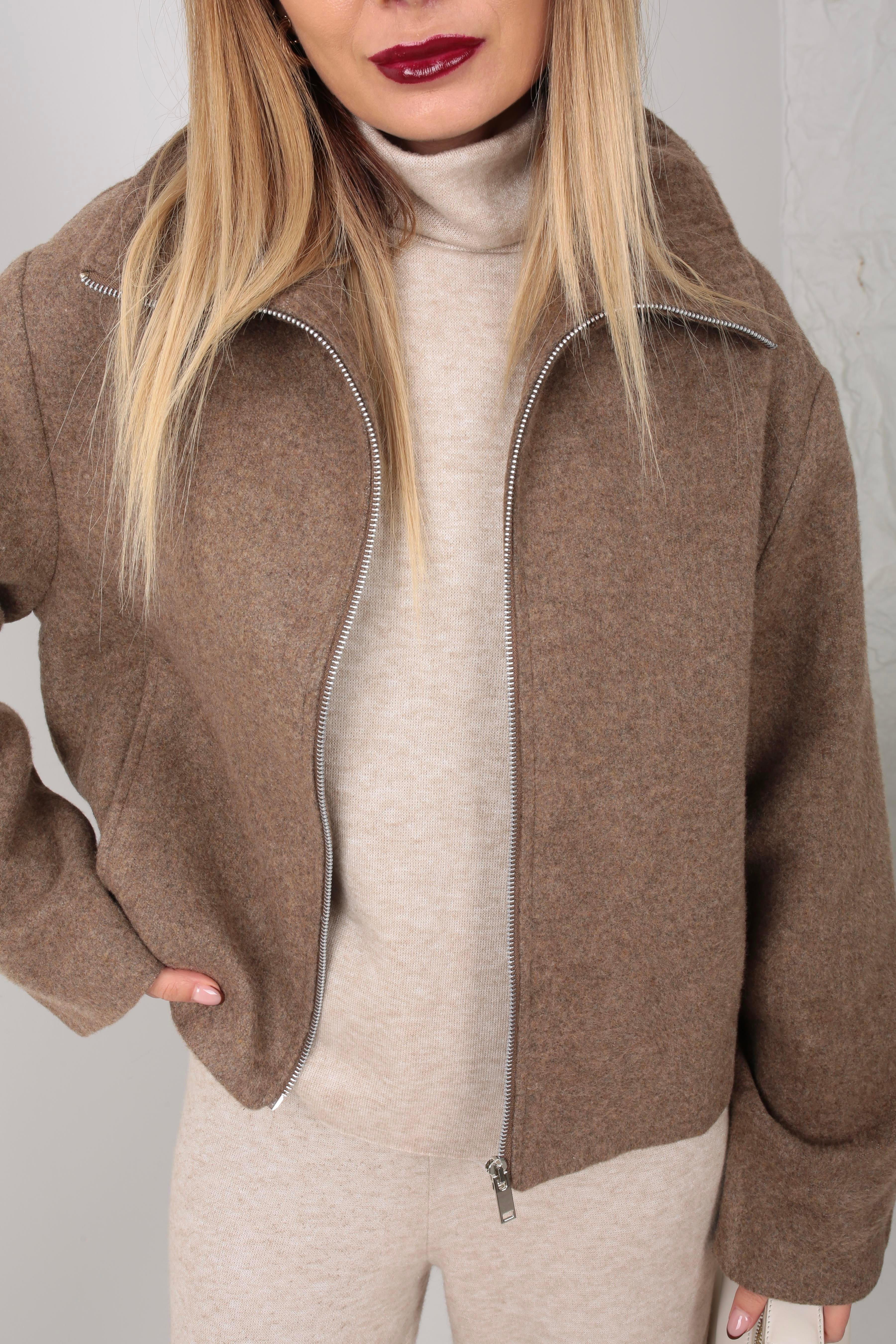 Vizon Dik Yaka Fermuarlı Kısa Kaşe Ceket CEKET