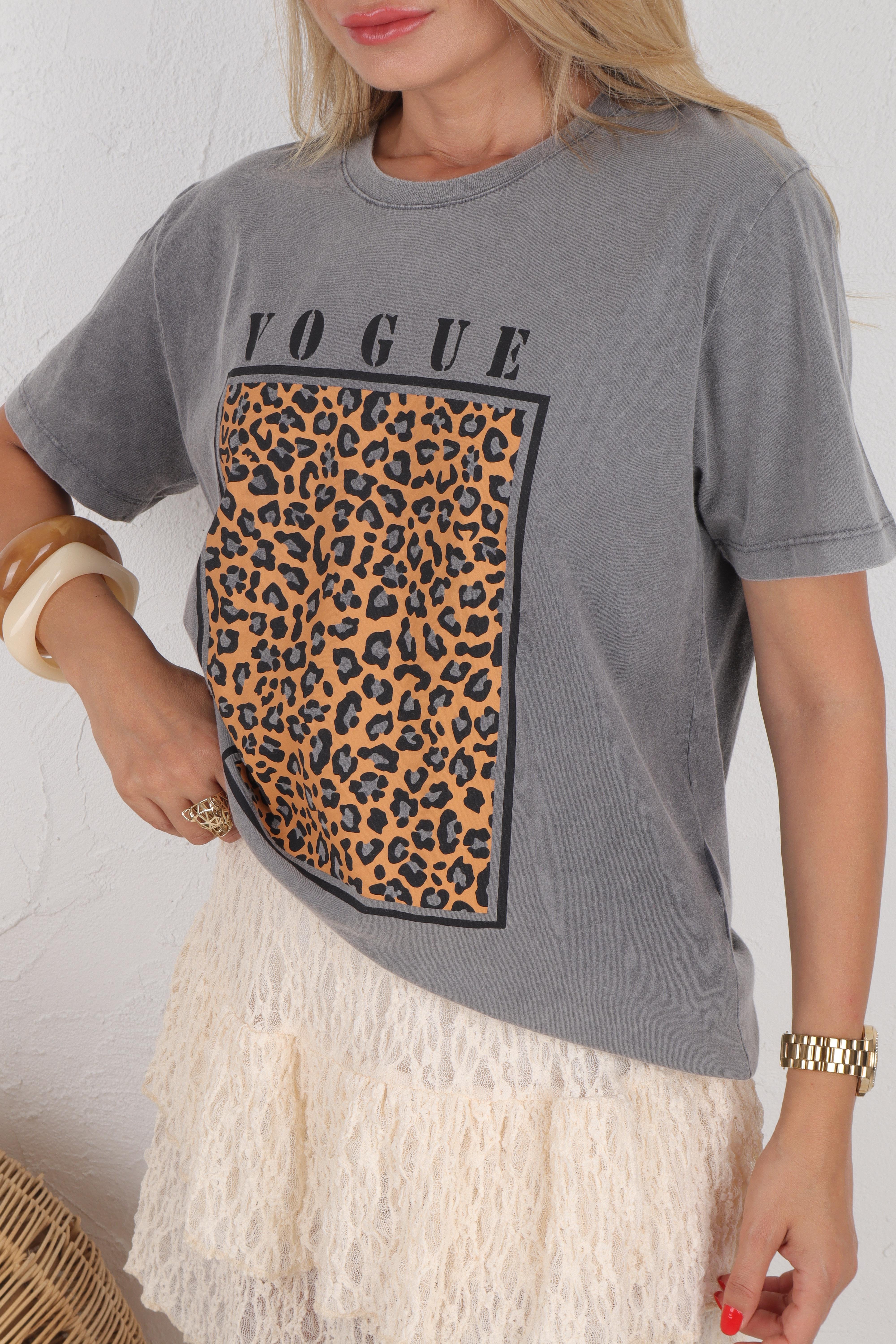Vouge Baskılı Leopar desen Gri Tshirt T-SHİRT
