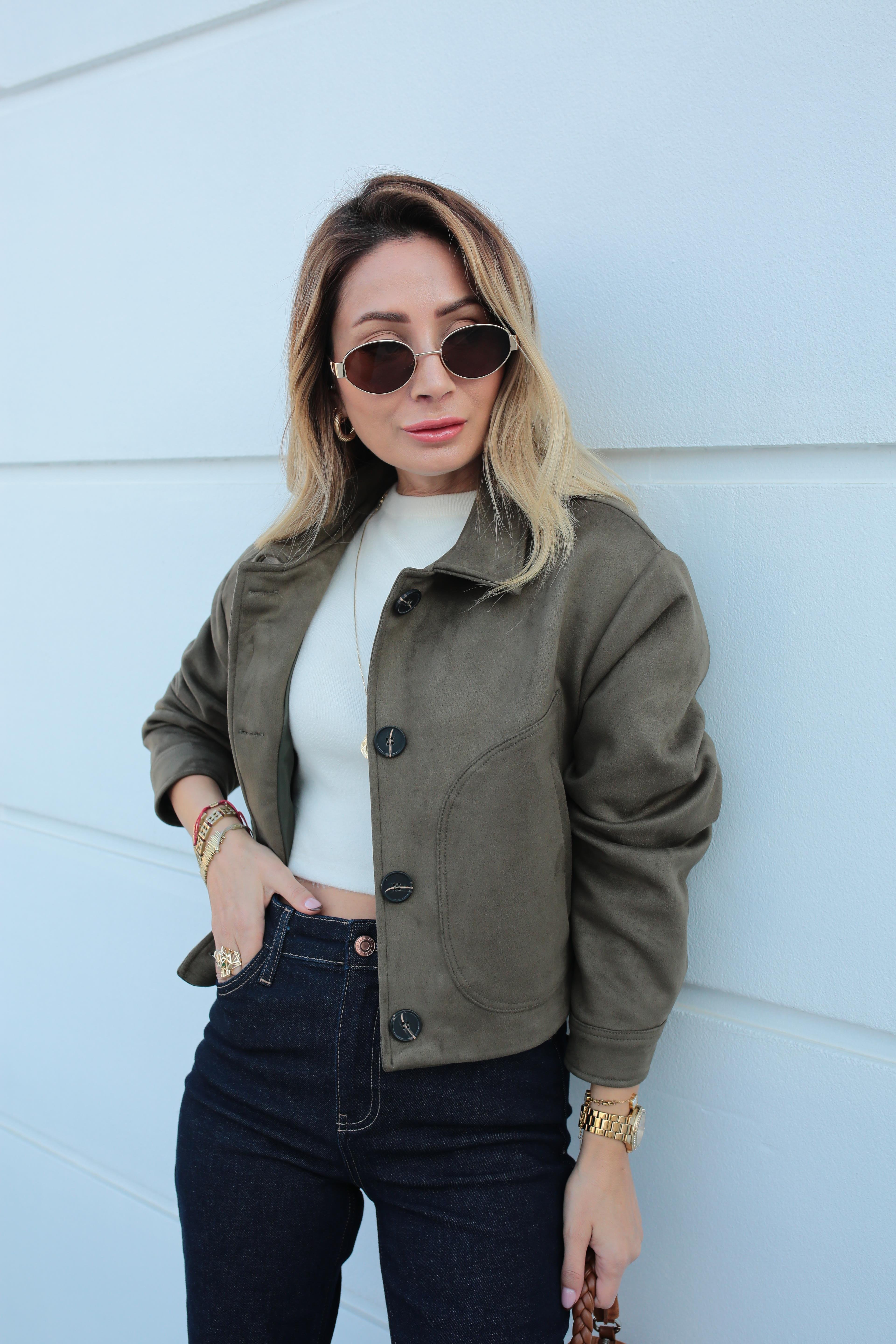 Yan Cepli Haki Kısa Nubuk Ceket CEKET