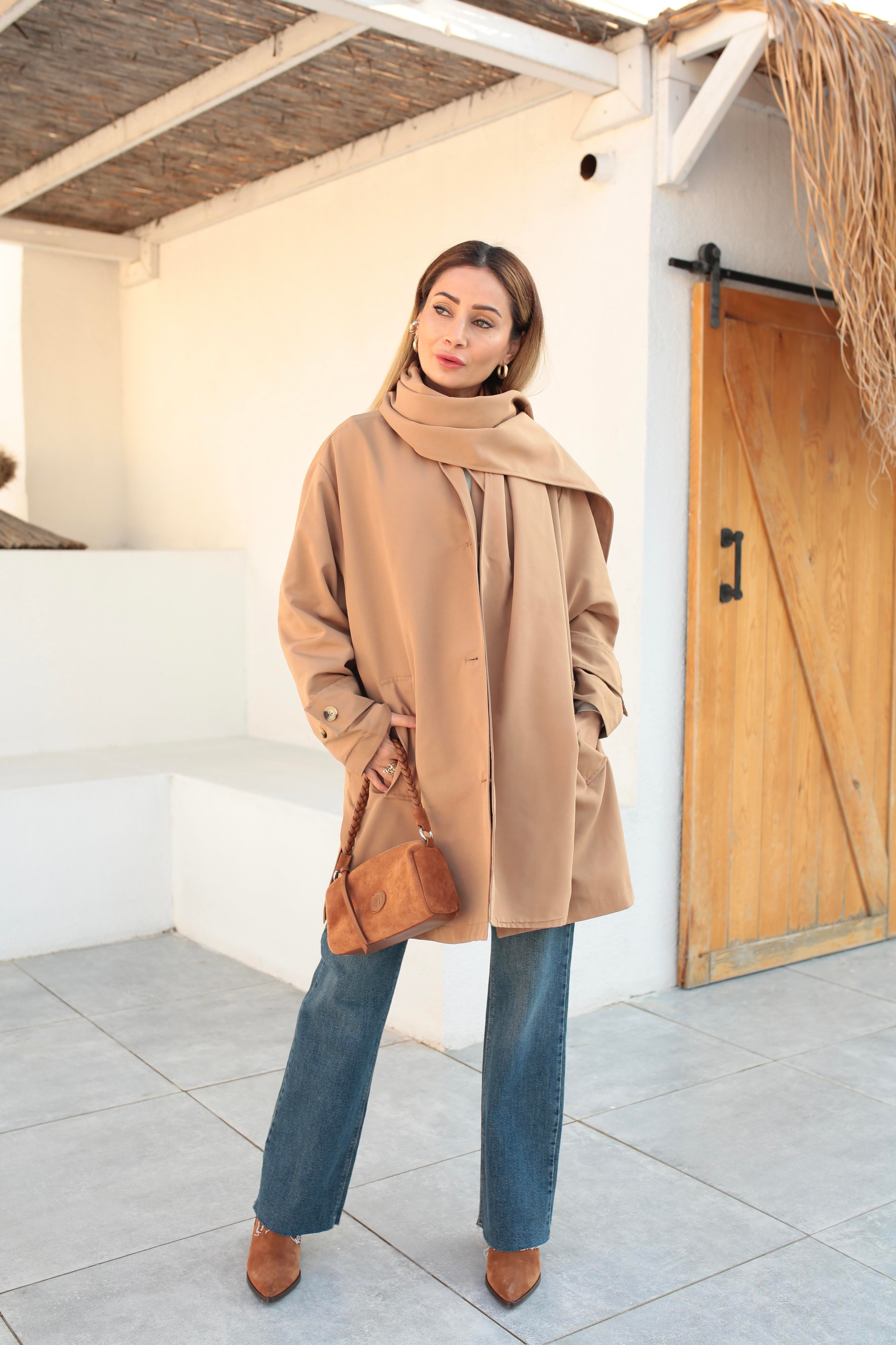 Yan Cepli Şallı Camel Treçkot TRENÇKOT