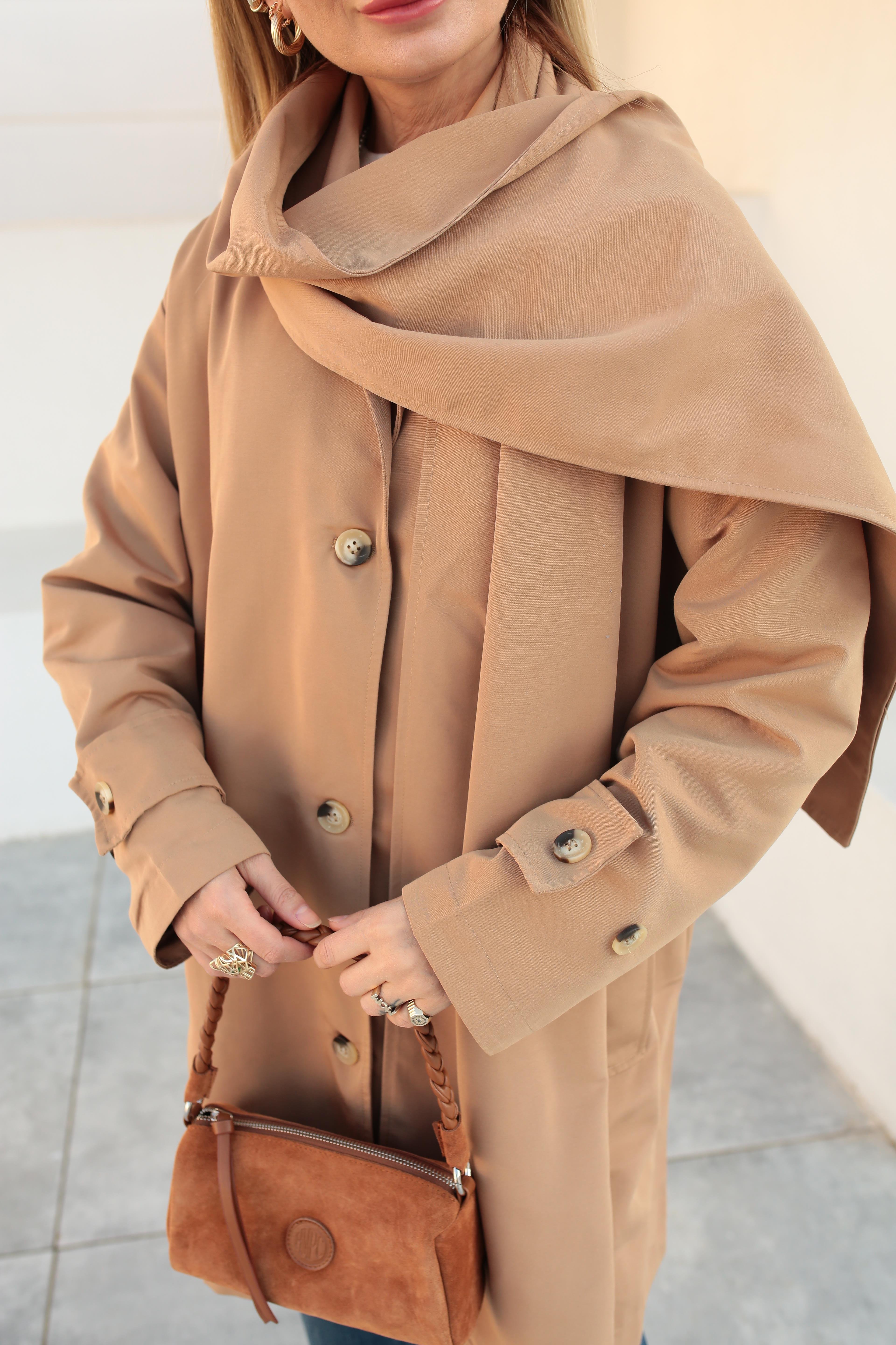 Yan Cepli Şallı Camel Treçkot TRENÇKOT