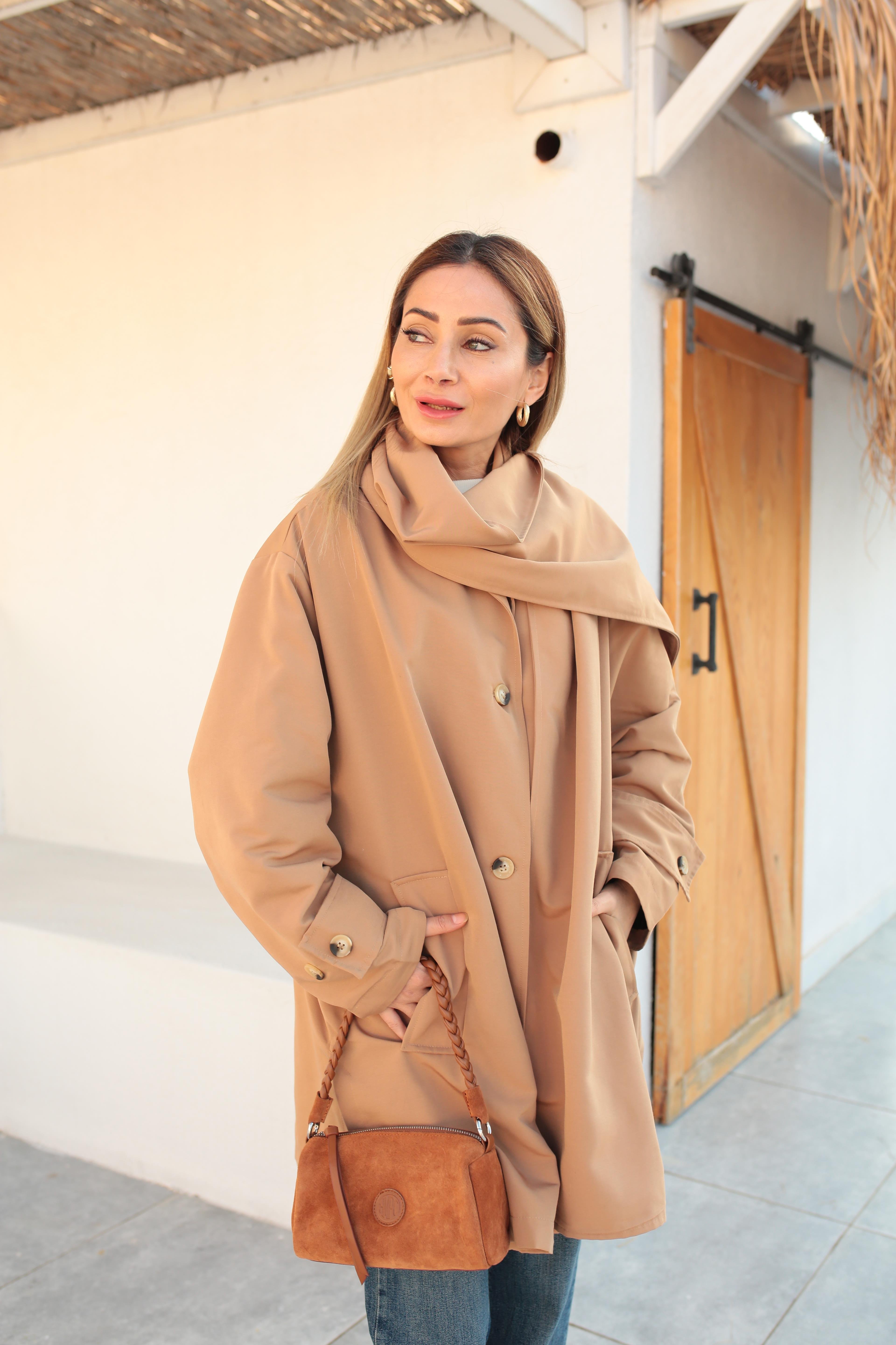 Yan Cepli Şallı Camel Treçkot TRENÇKOT