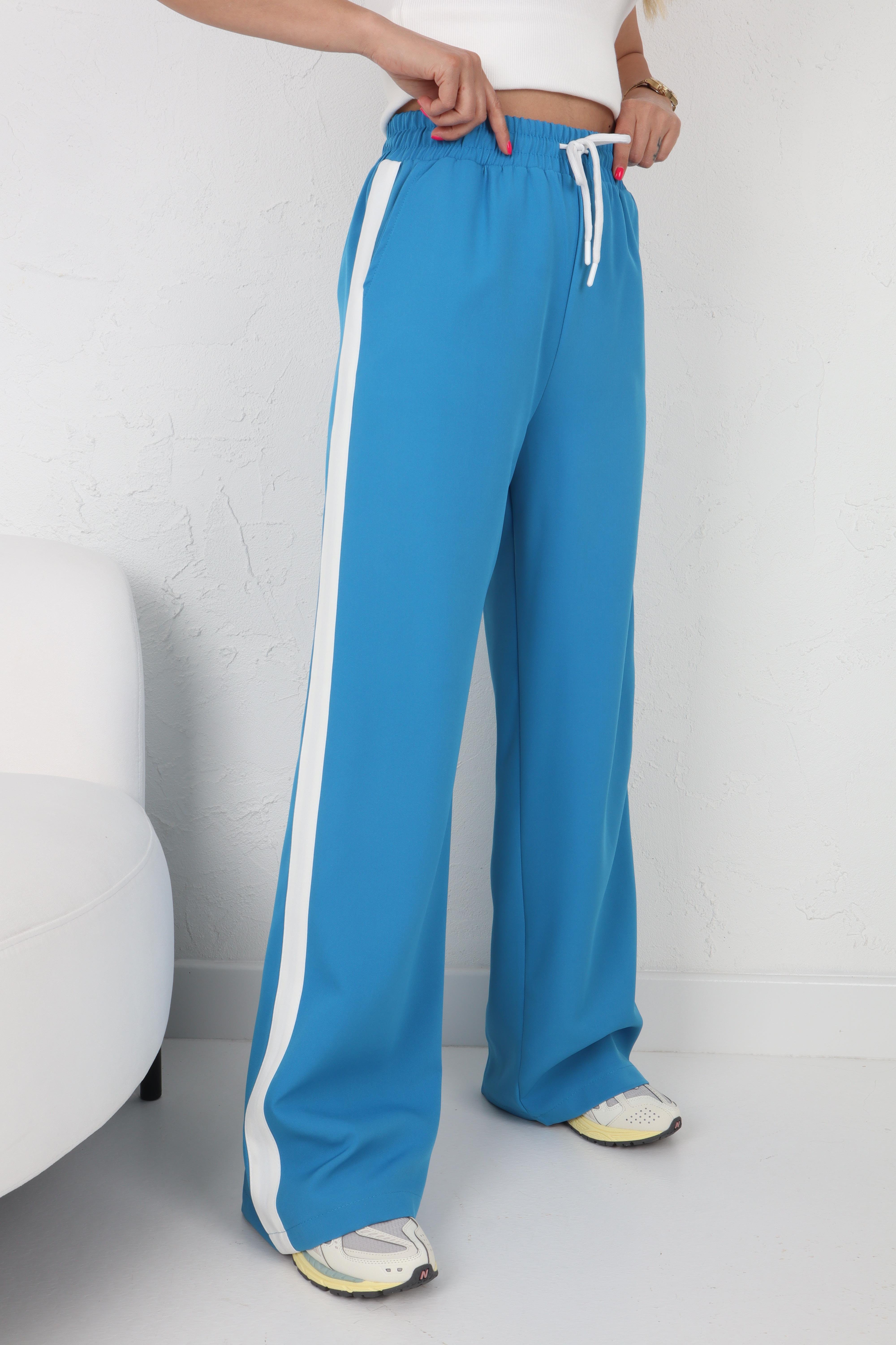 Yanları Şeritli Bağcıklı Mavi Pantolon PANTOLON