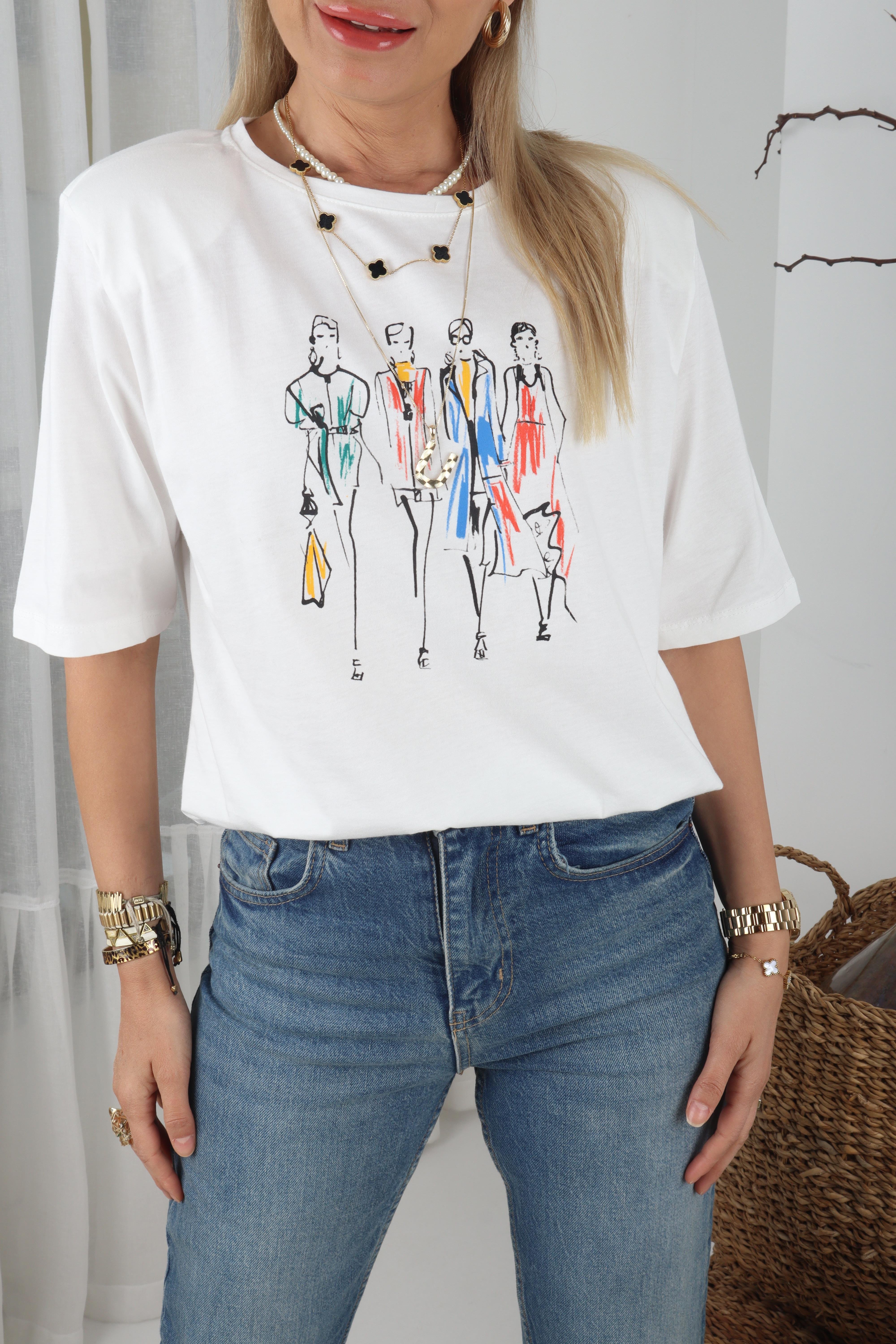 Yarım Kollu Vatkalı Kadın Baskılı Tshirt T-SHİRT