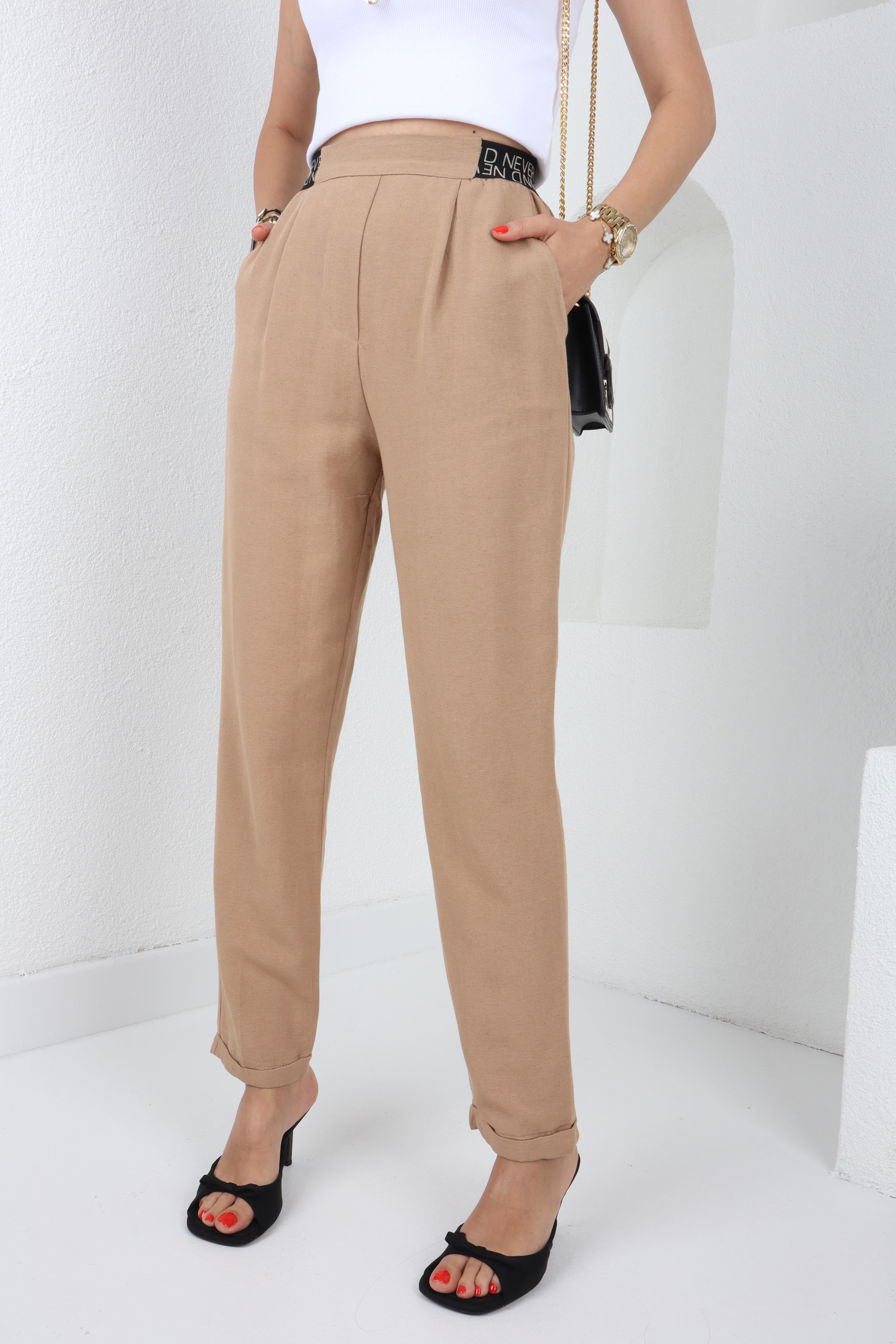 Yazı Lastik Kemerli Camel Keten Pantolon PANTOLON