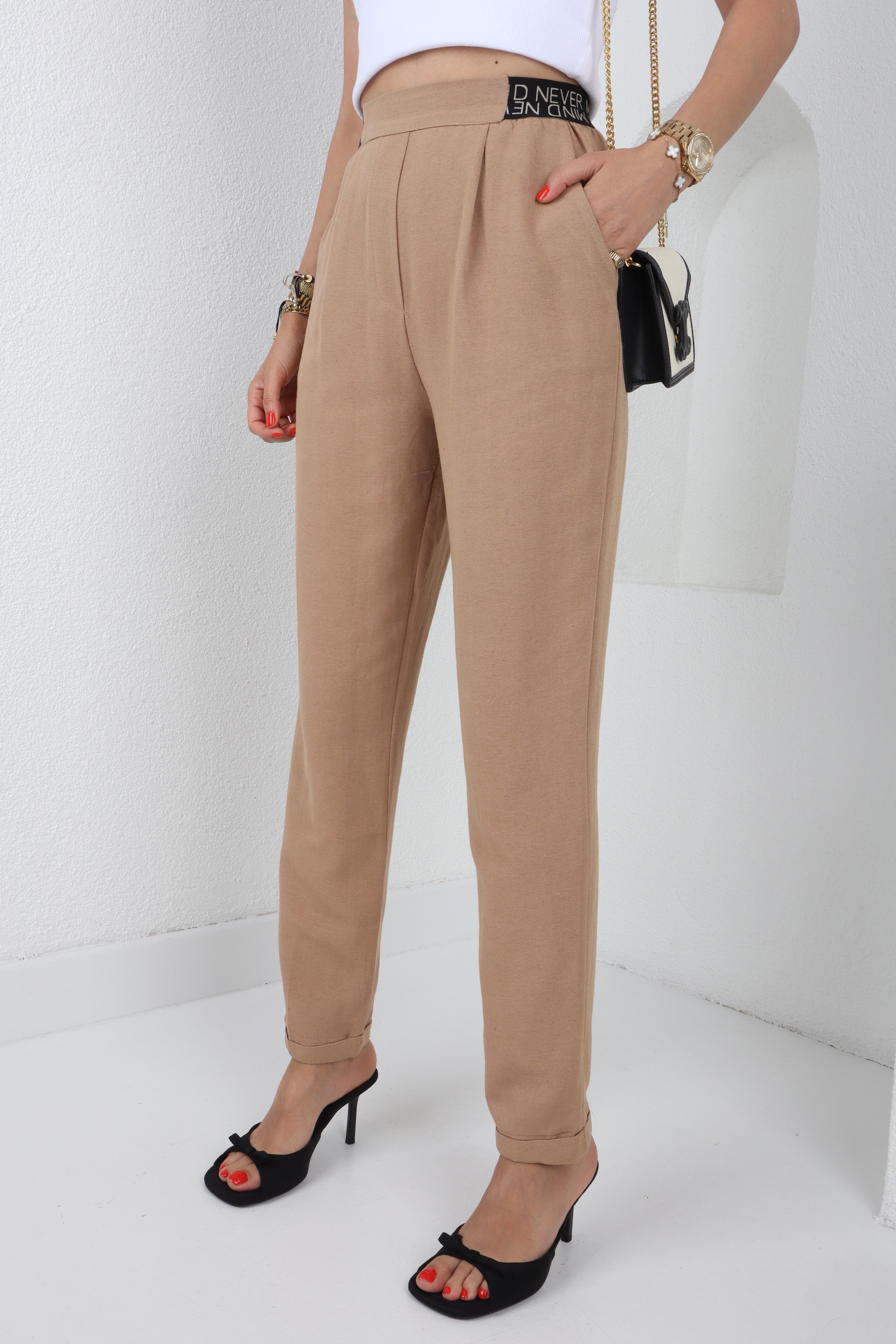 Yazı Lastik Kemerli Camel Keten Pantolon PANTOLON