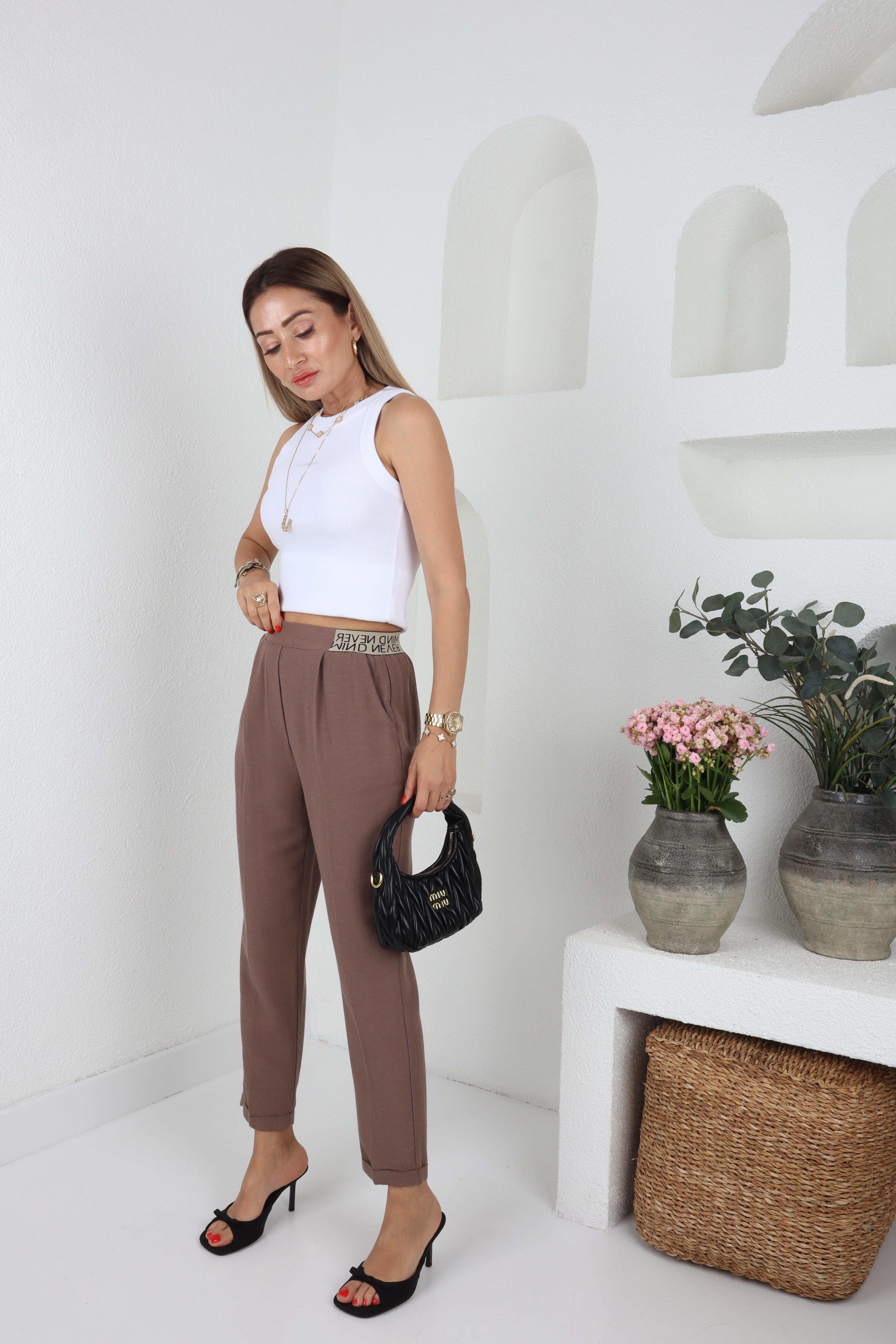 Yazı Lastik Kemerli Kahve Keten Pantolon PANTOLON