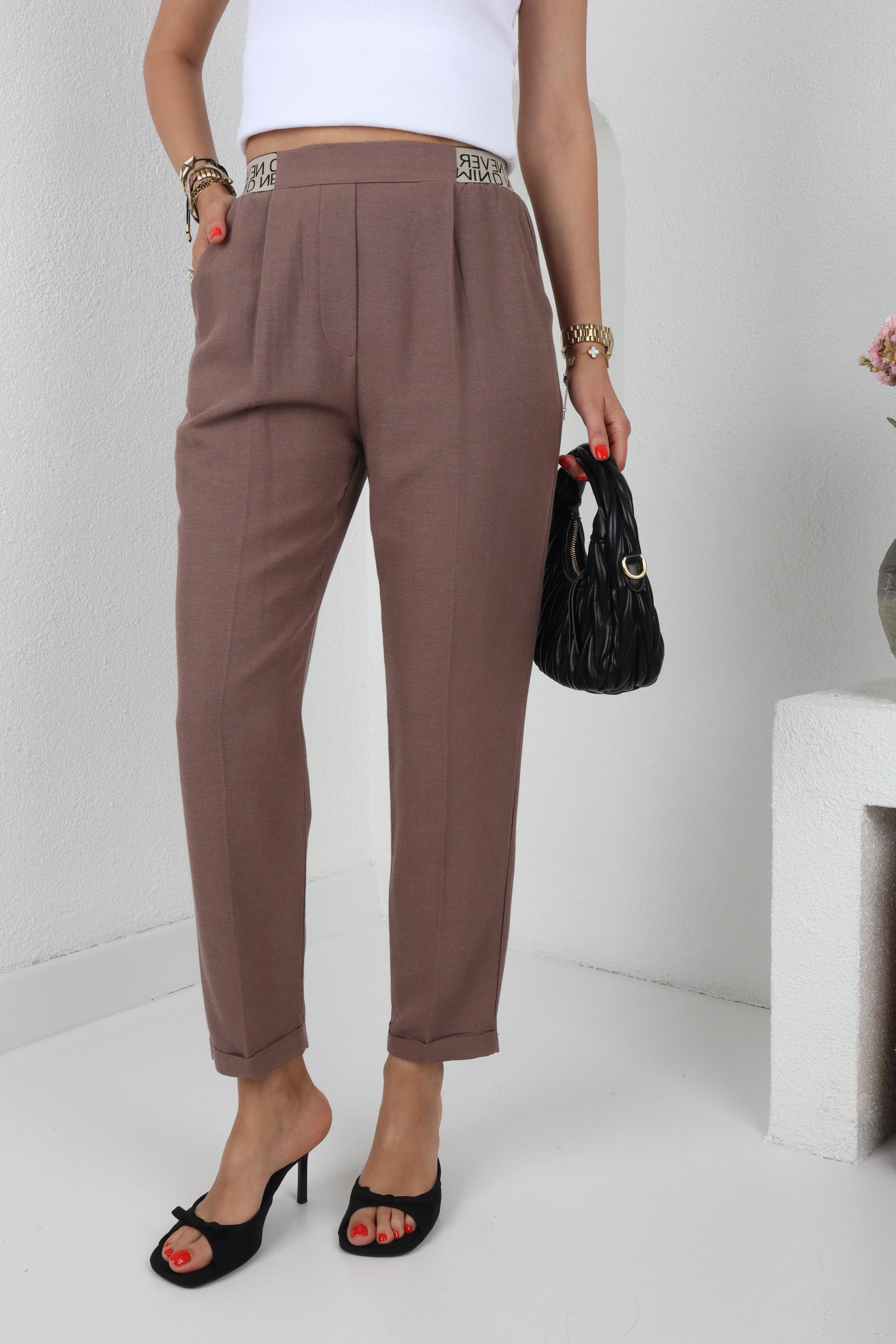 Yazı Lastik Kemerli Kahve Keten Pantolon PANTOLON