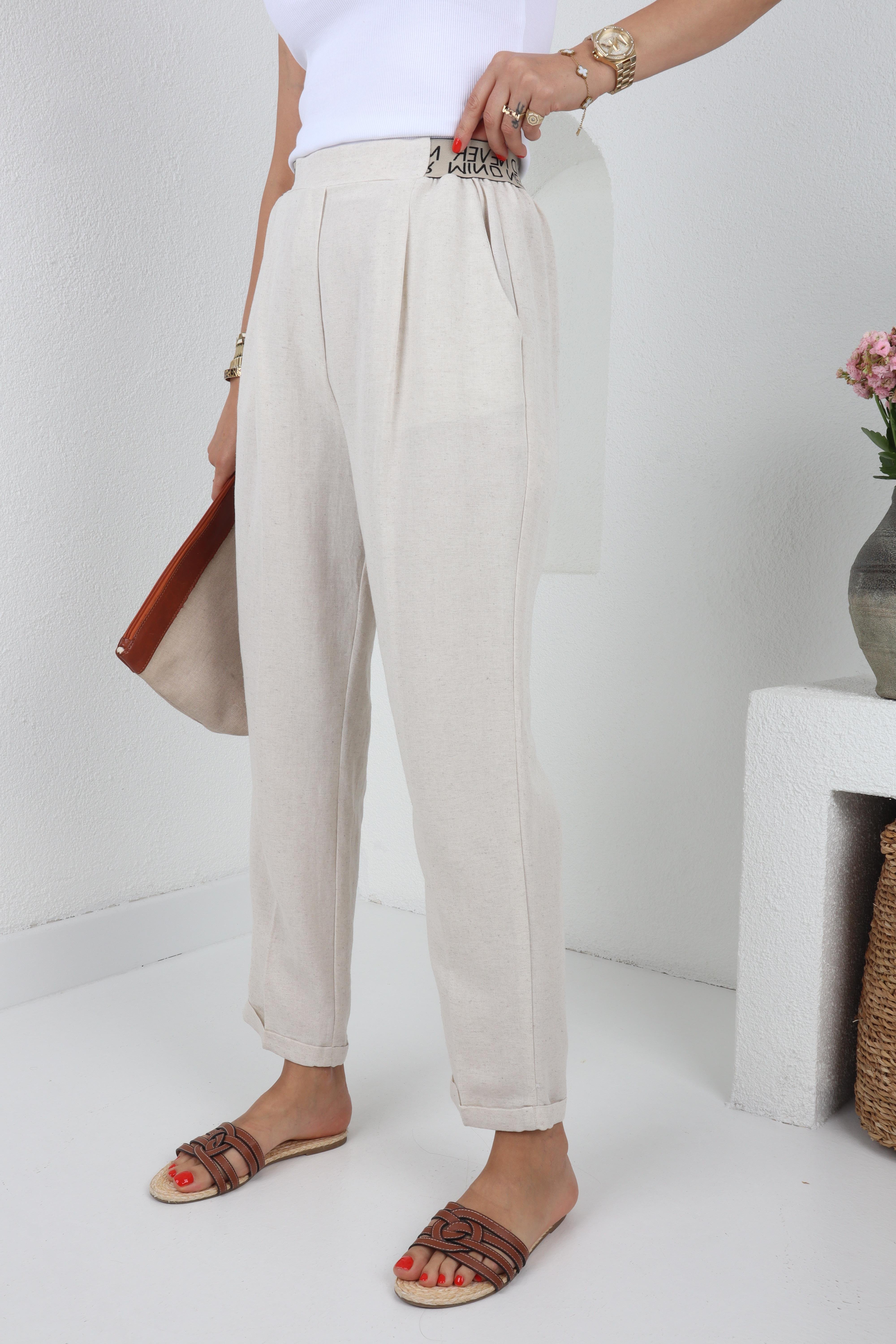 Yazı Lastik Kemerli Naturel Keten Pantolon PANTOLON