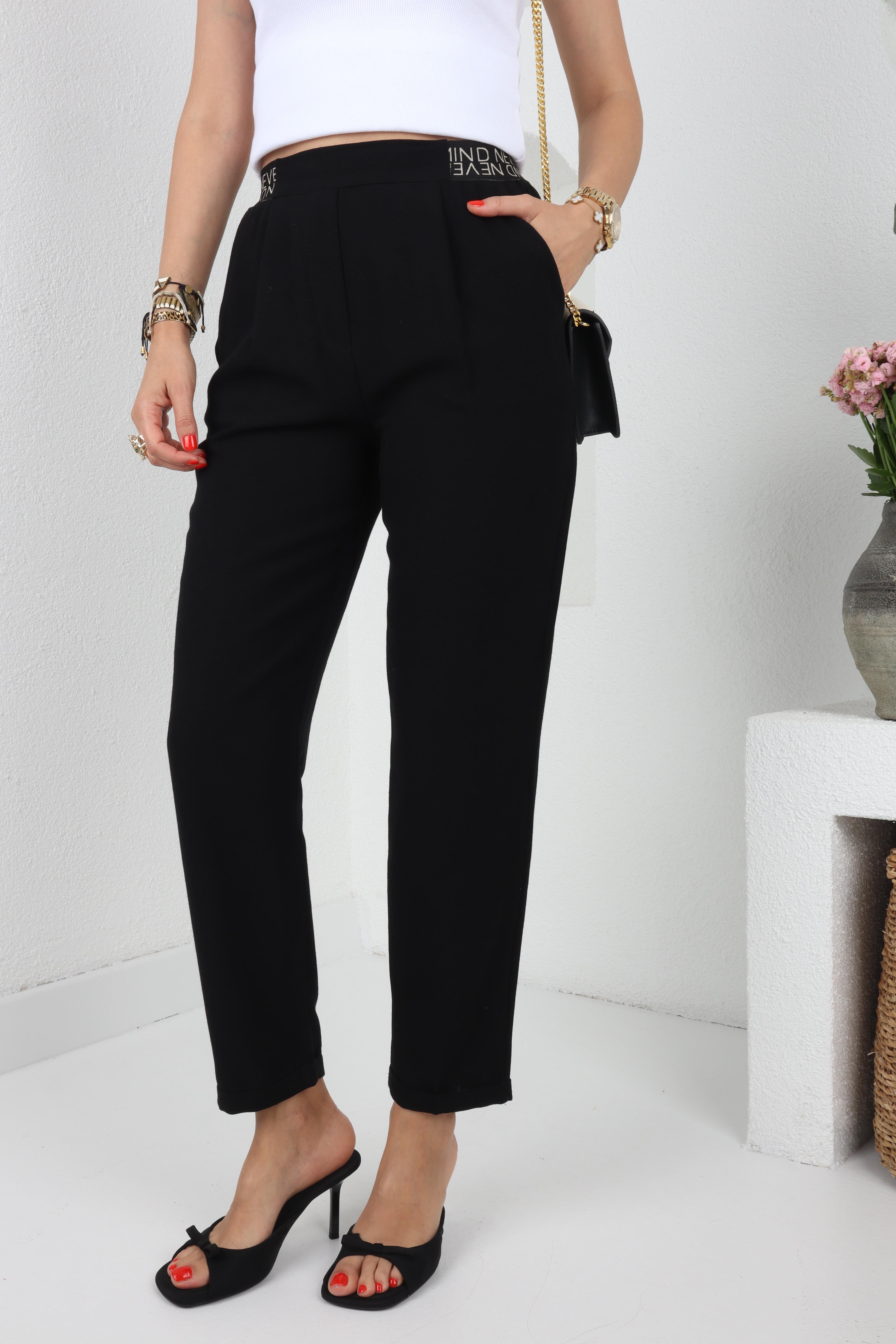 Yazı Lastik Kemerli Siyah Keten Pantolon PANTOLON