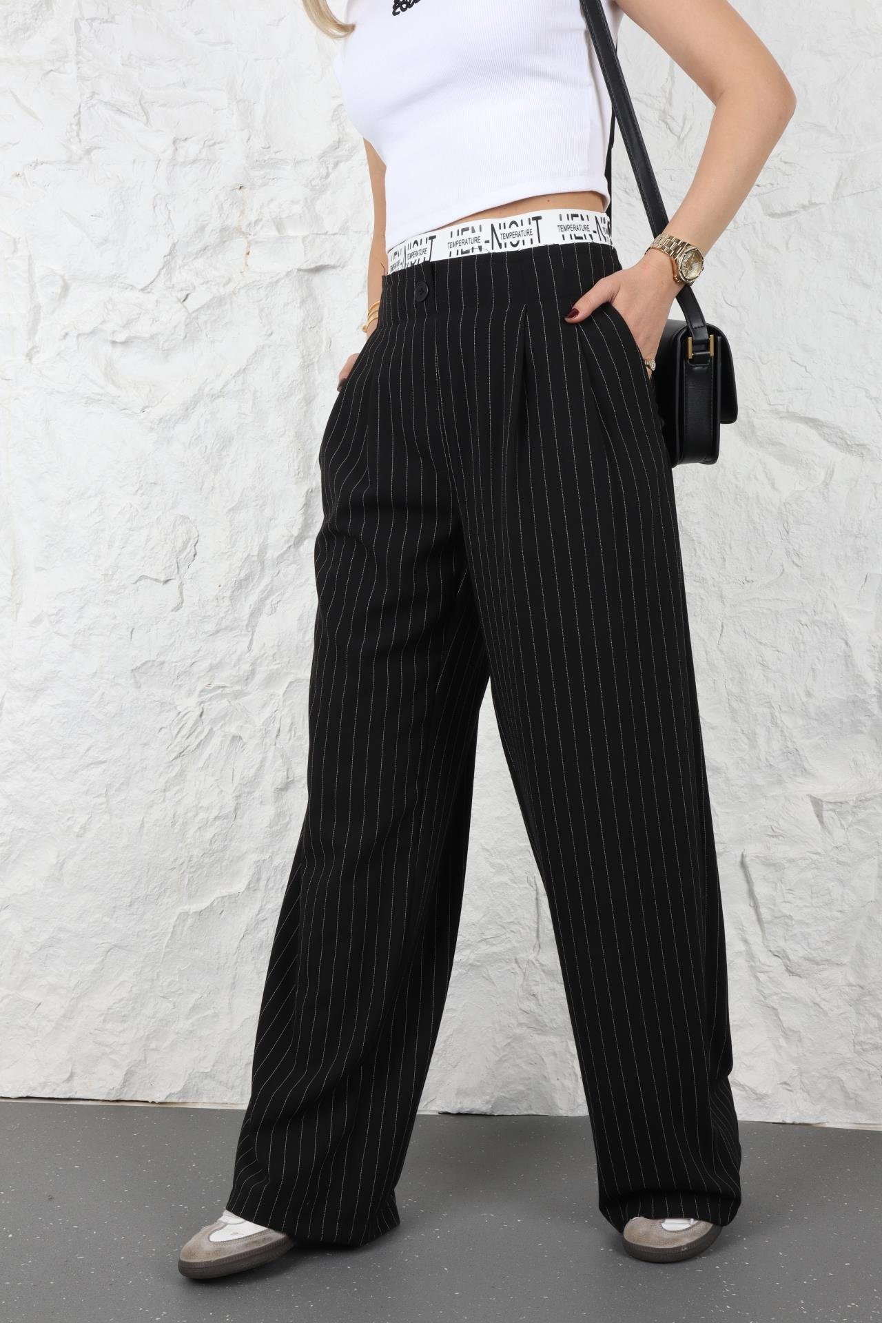 Yazı Lastikli Siyah çizgili Pantolon PANTOLON