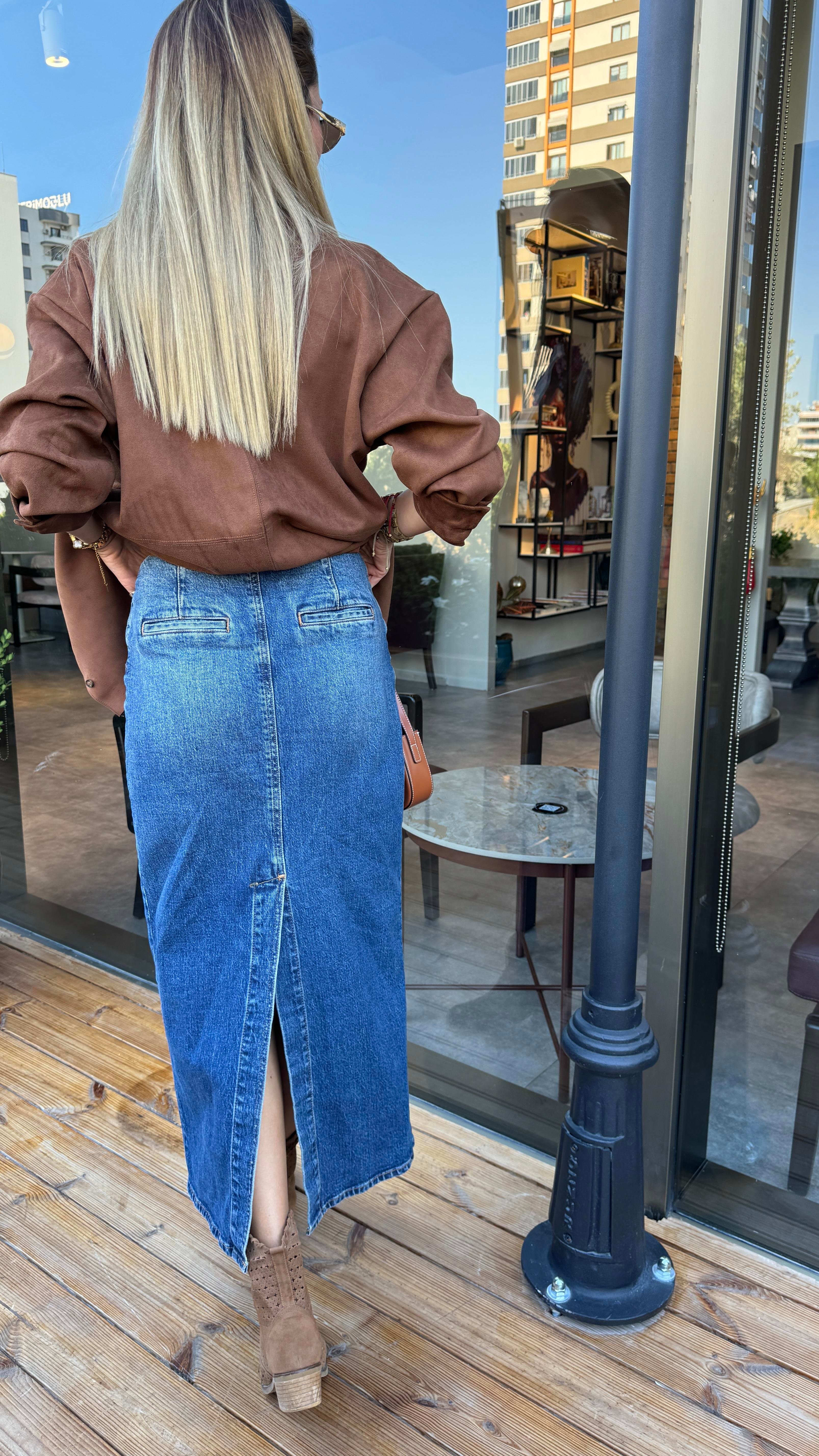 Yırtmaçlı Önden Düğmeli Uzun Denim Etek ETEK