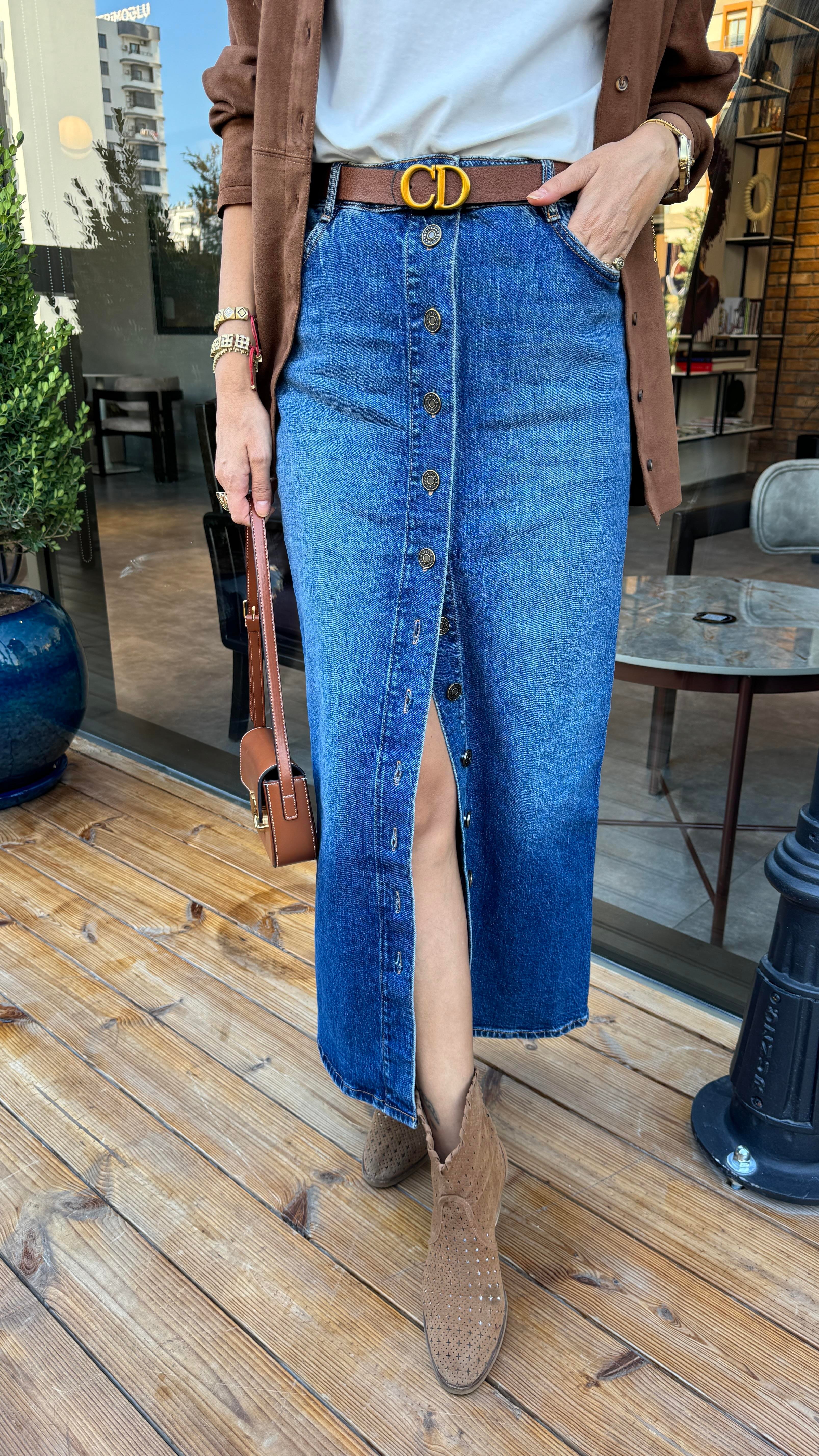 Yırtmaçlı Önden Düğmeli Uzun Denim Etek ETEK