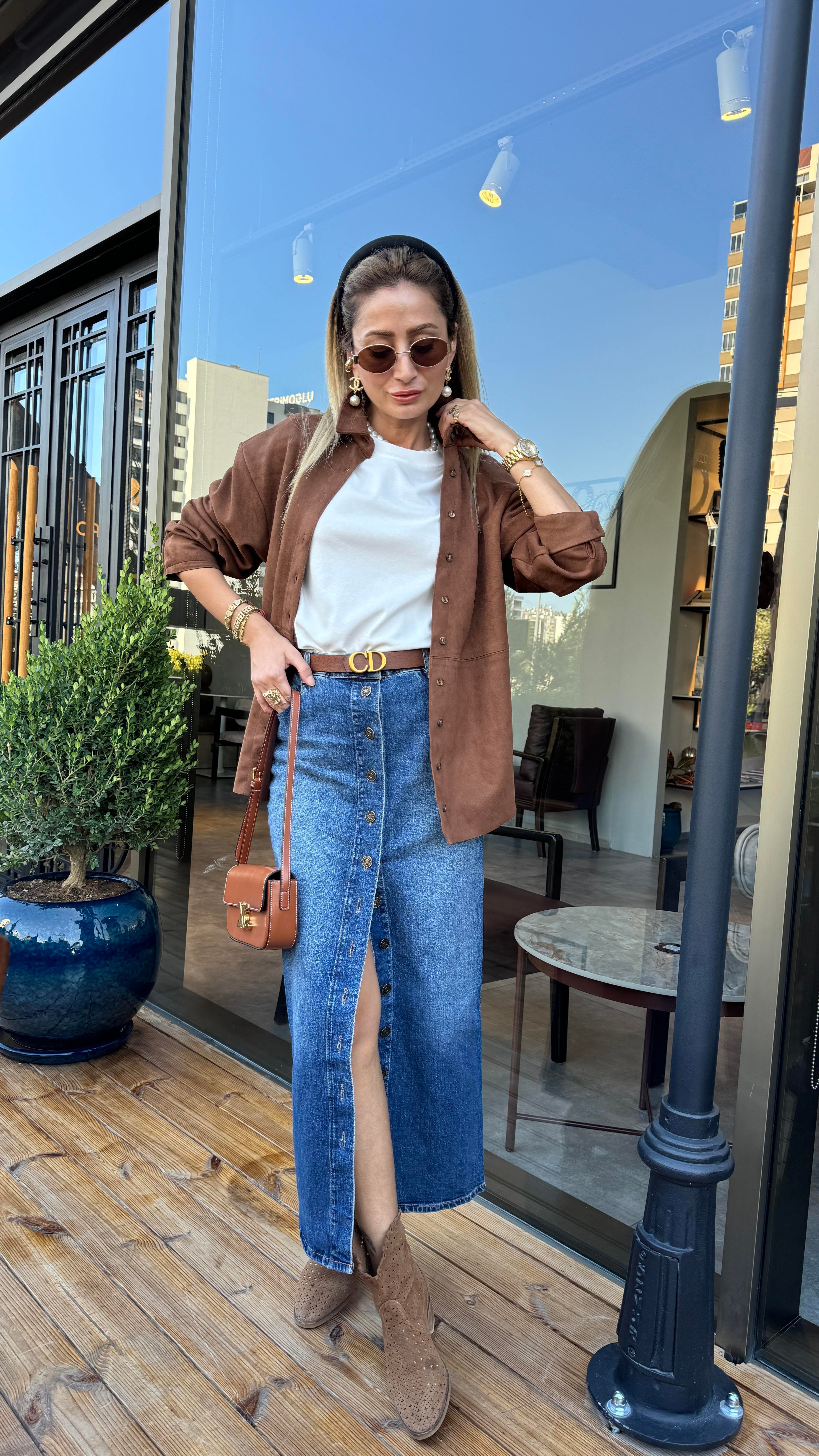 Yırtmaçlı Önden Düğmeli Uzun Denim Etek ETEK