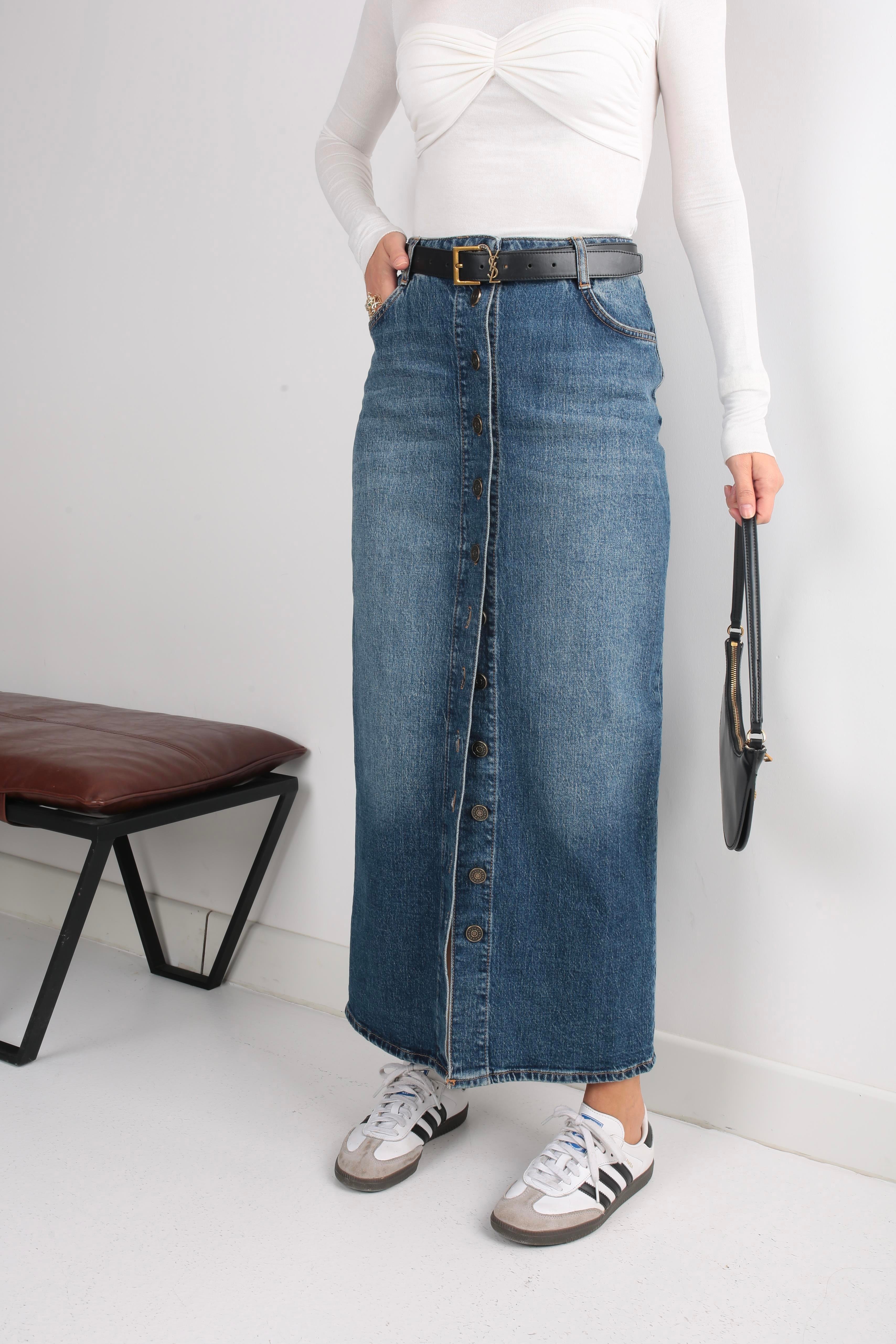 Yırtmaçlı Önden Düğmeli Uzun Denim Etek ETEK