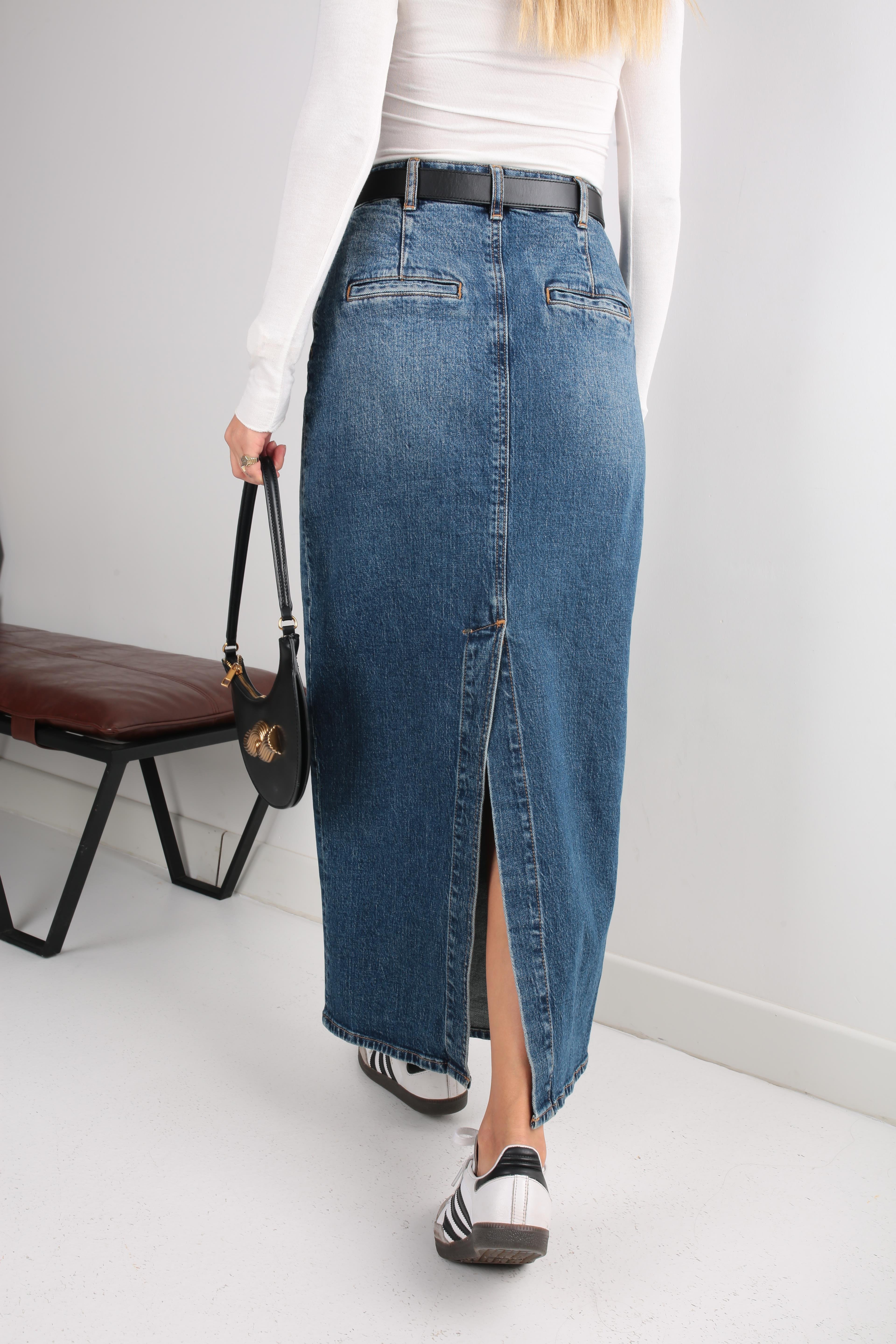 Yırtmaçlı Önden Düğmeli Uzun Denim Etek ETEK