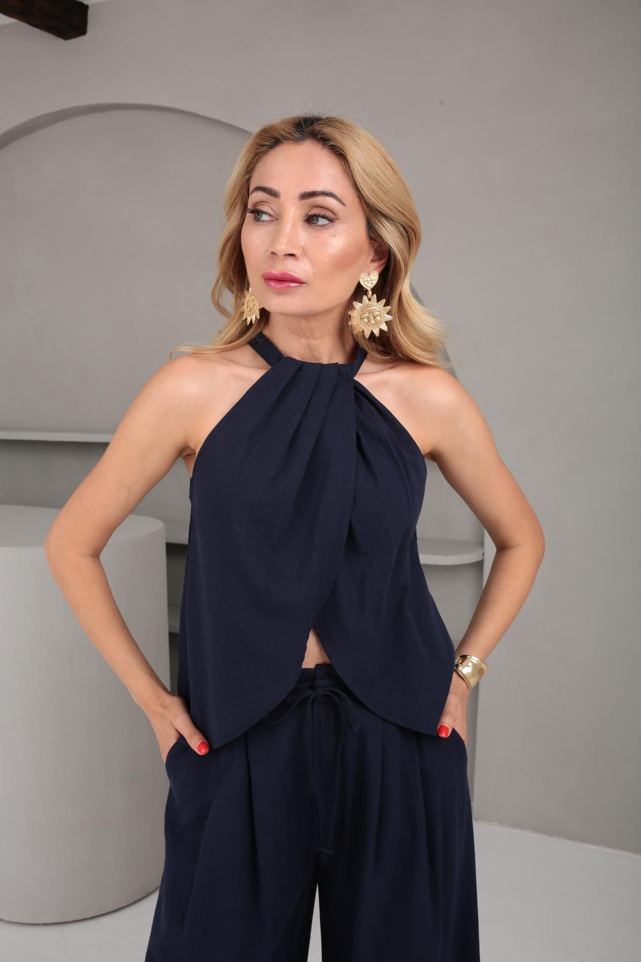 Yüzücü Kol Pileli Lacivert Keten Takım TAKIM | NO33