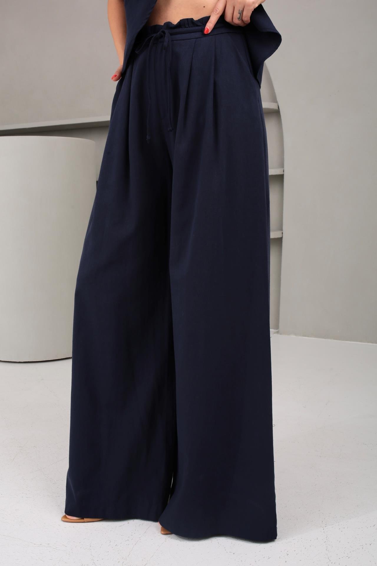 Yüzücü Kol Pileli Lacivert Keten Takım TAKIM | NO33