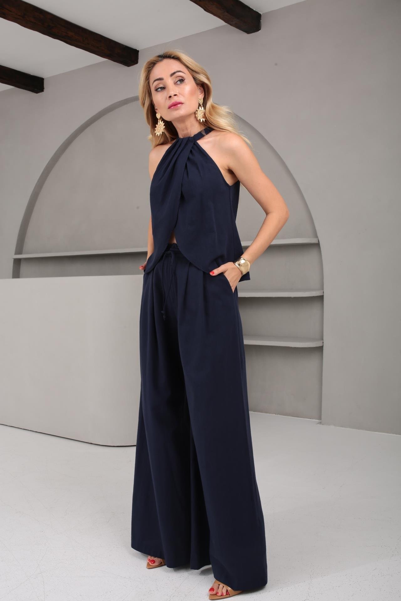 Yüzücü Kol Pileli Lacivert Keten Takım TAKIM | NO33