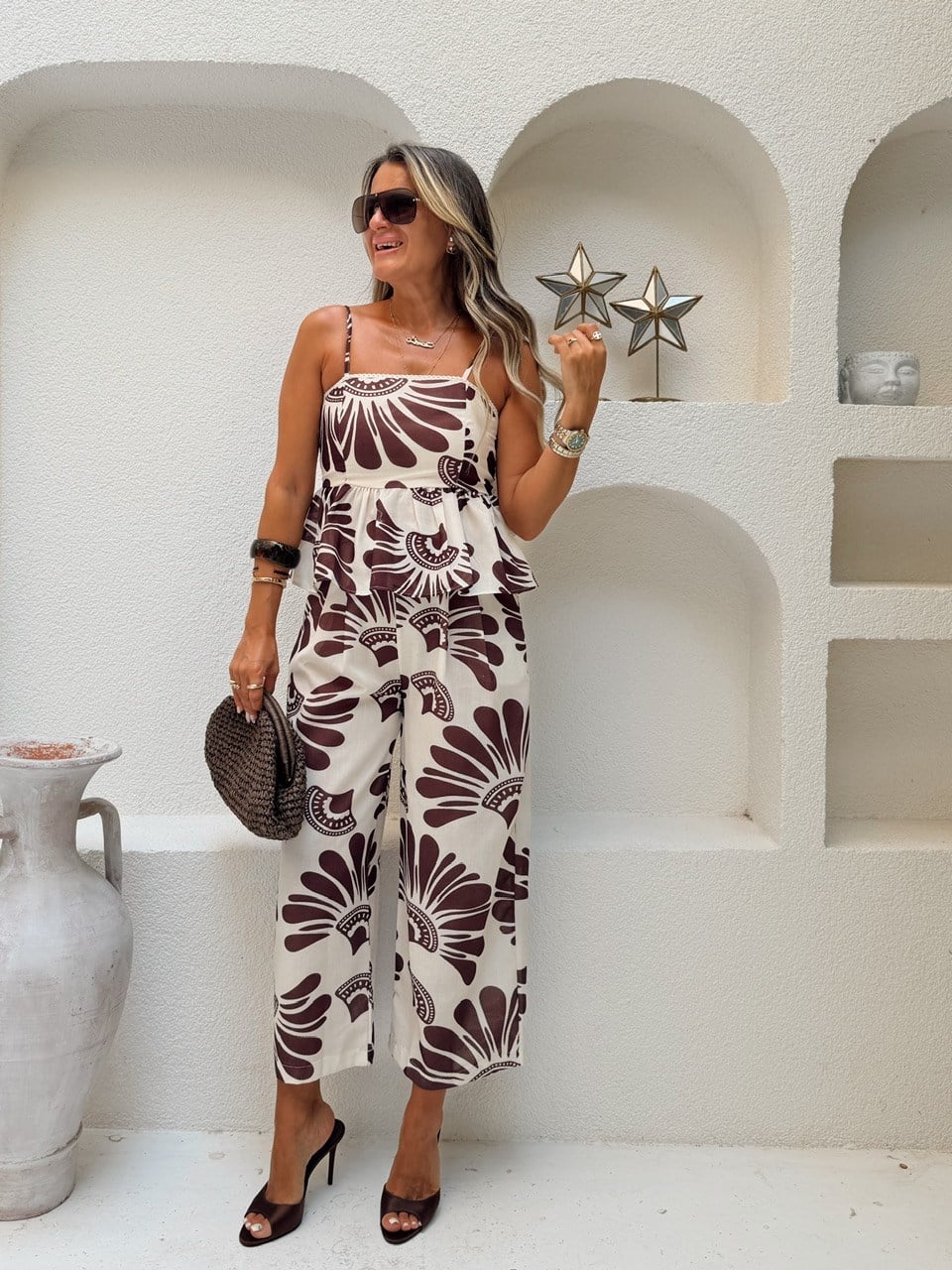 Nişantaşı Butik BLUZ PANTOLON KAHVE DESENLİ TAKIM