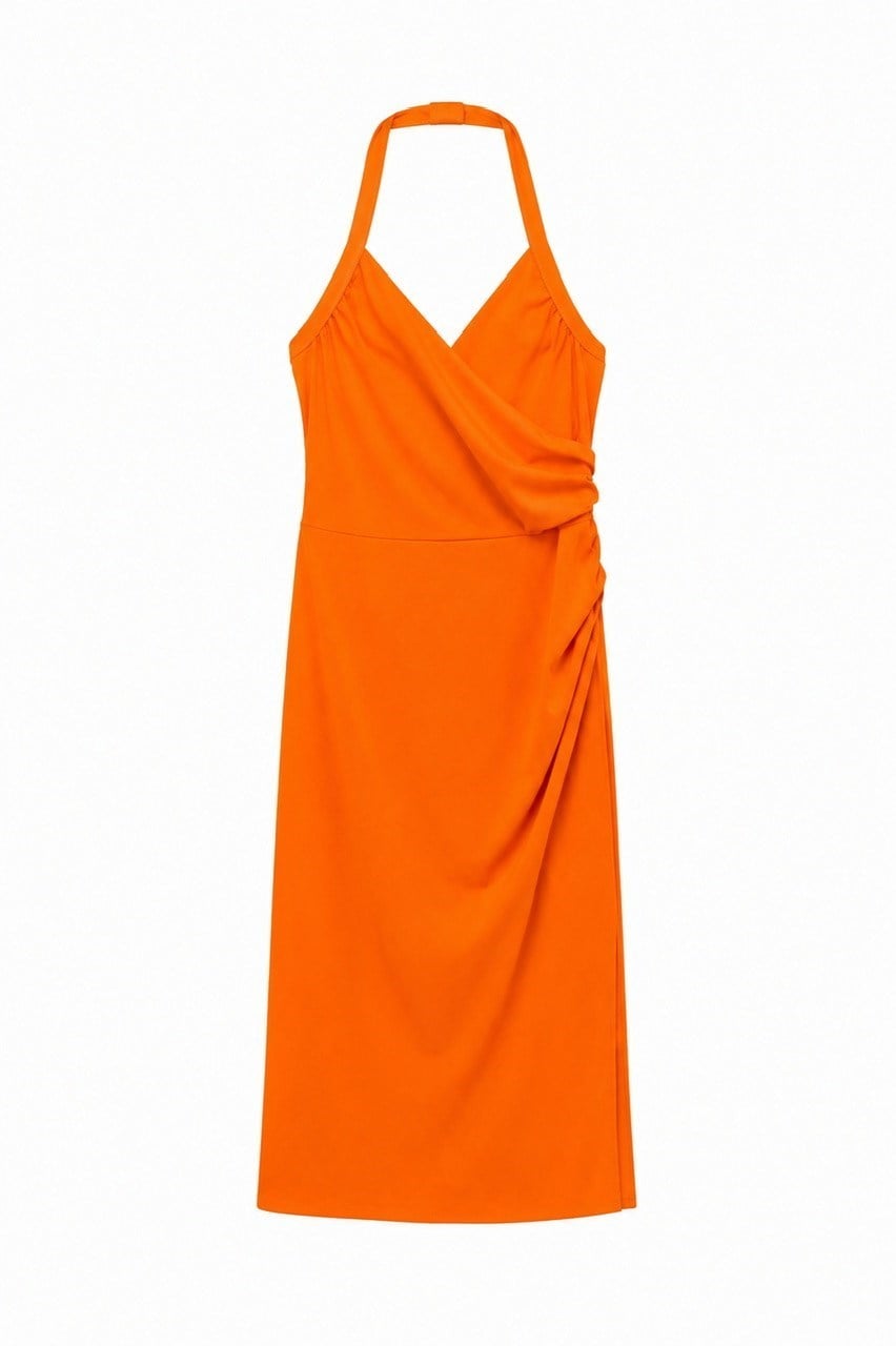 Nişantaşı Butik DRAPE DETAY TURUNÇ YIRTMAÇLI ELBİSE