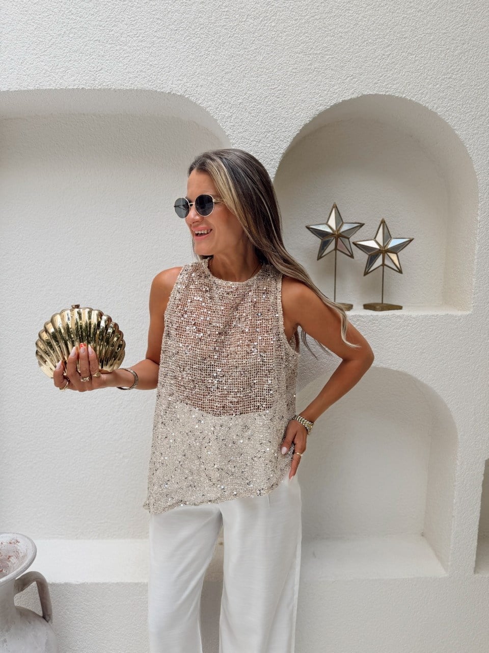Nişantaşı Butik FİLE PUL ASİMETRİK BLUZ VİZON