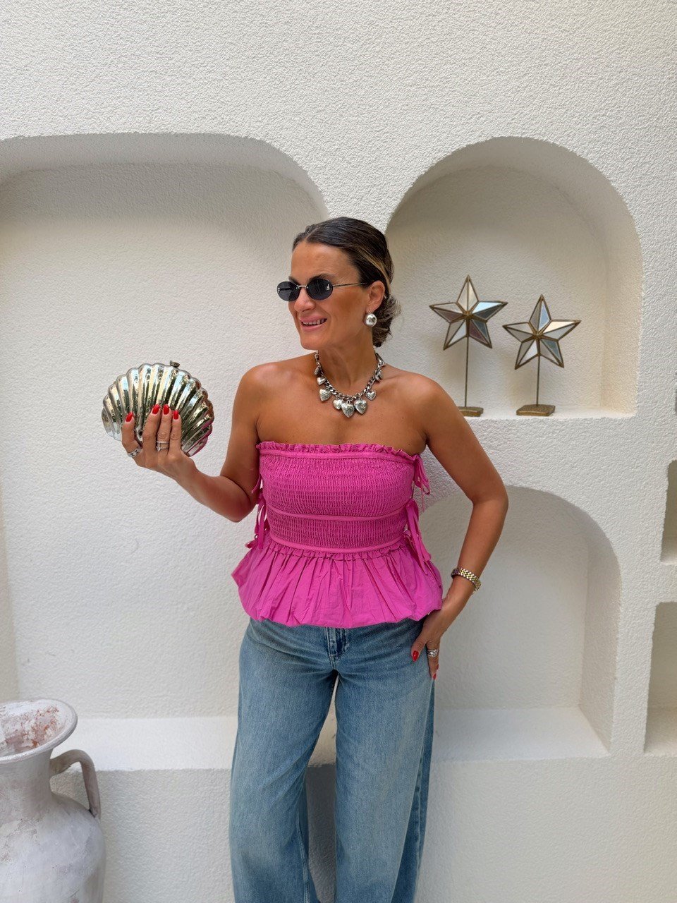 Nişantaşı Butik GİPELİ PEMBE STRAPLEZ BLUZ