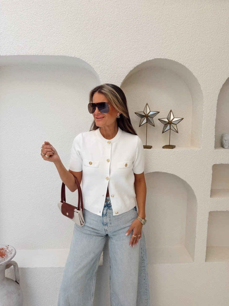 Nişantaşı Butik GOLD DÜĞME ÇELİK ÖRME TRİKO CEKET BEYAZ