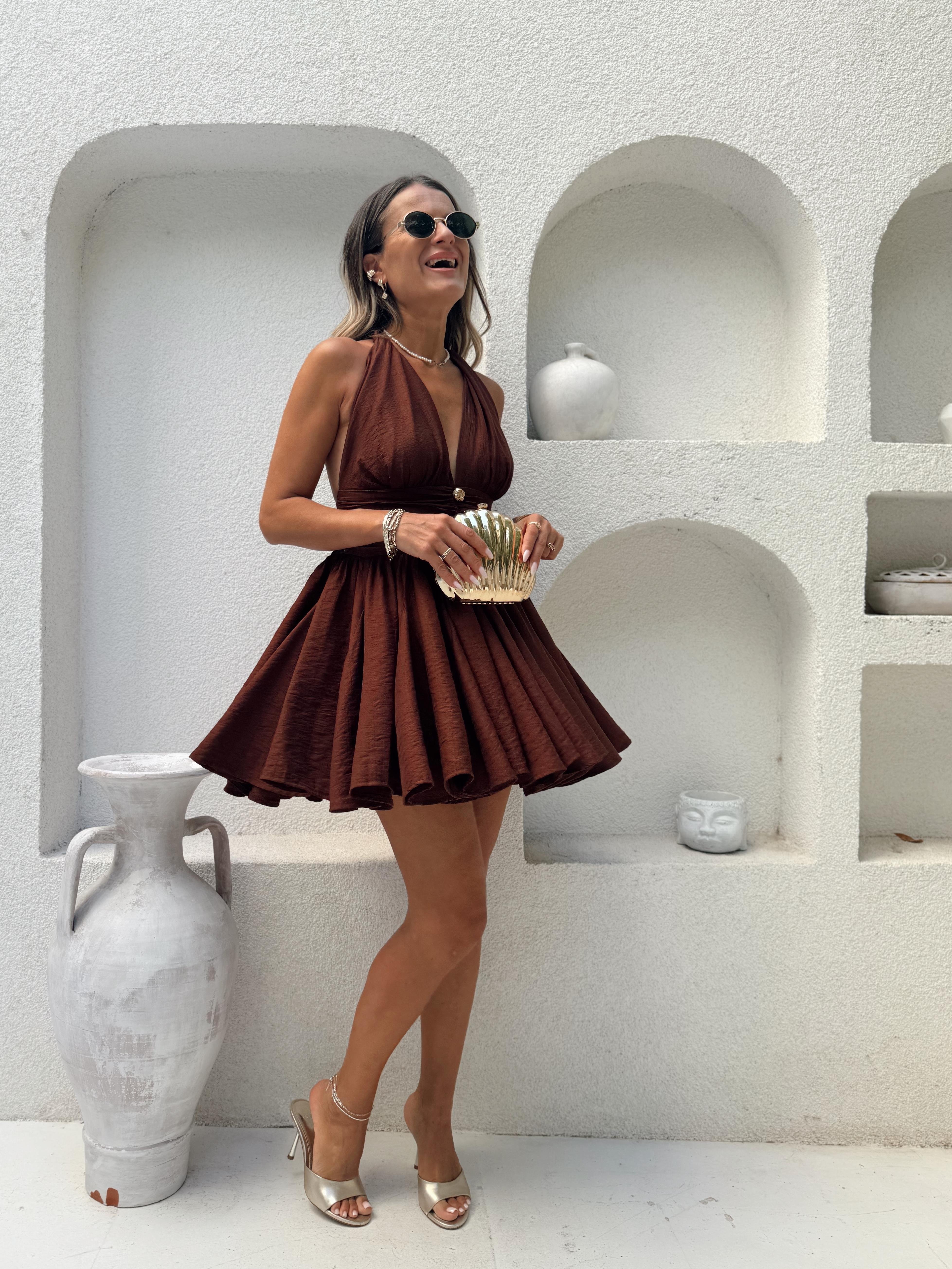 Nişantaşı Butik GOLD DÜĞME DETAY KLOS ELBİSE KAHVERENGİ