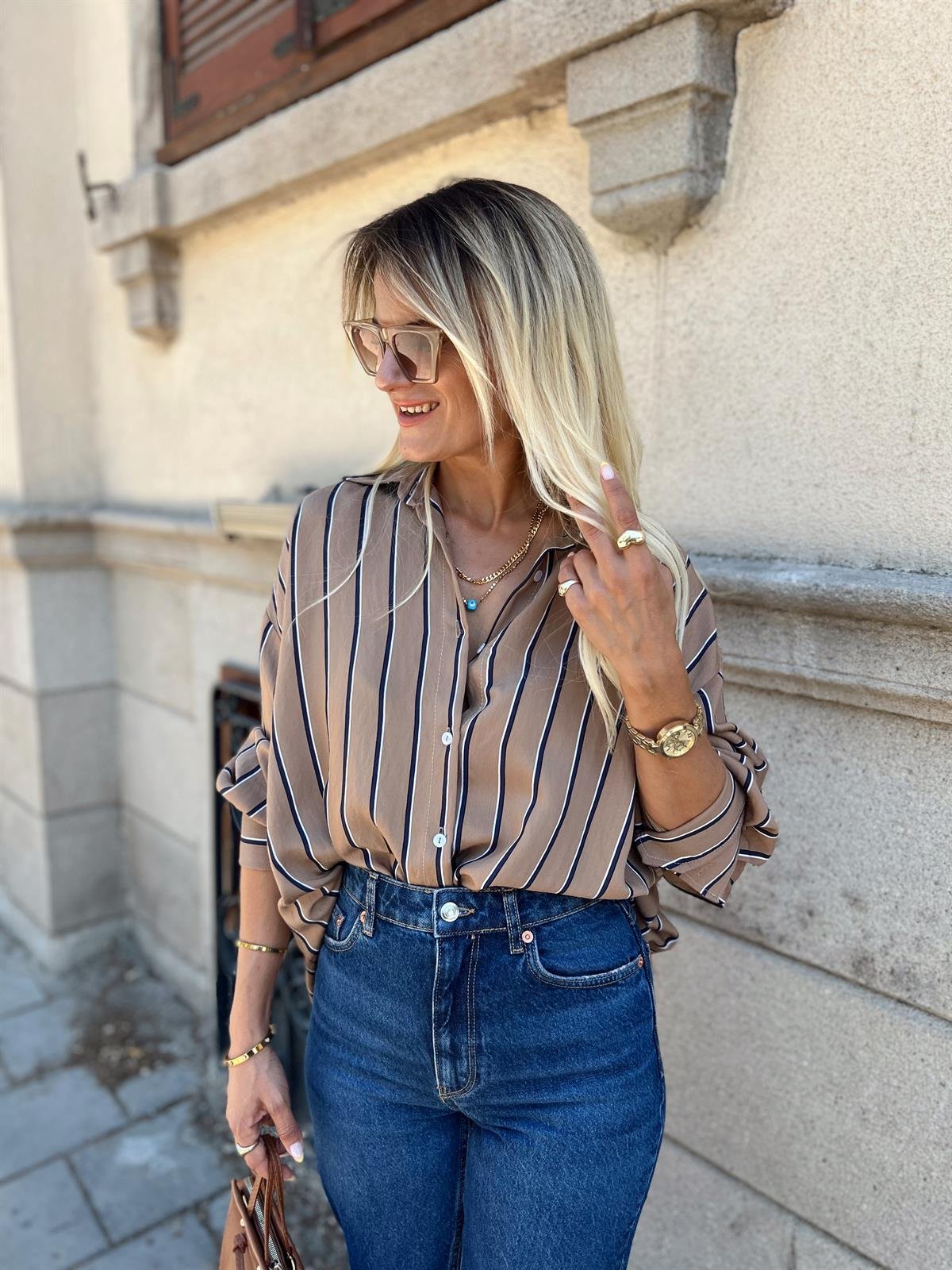 KALIN MANŞET CAMEL LACİVERTÇİZGİLİ GÖMLEK