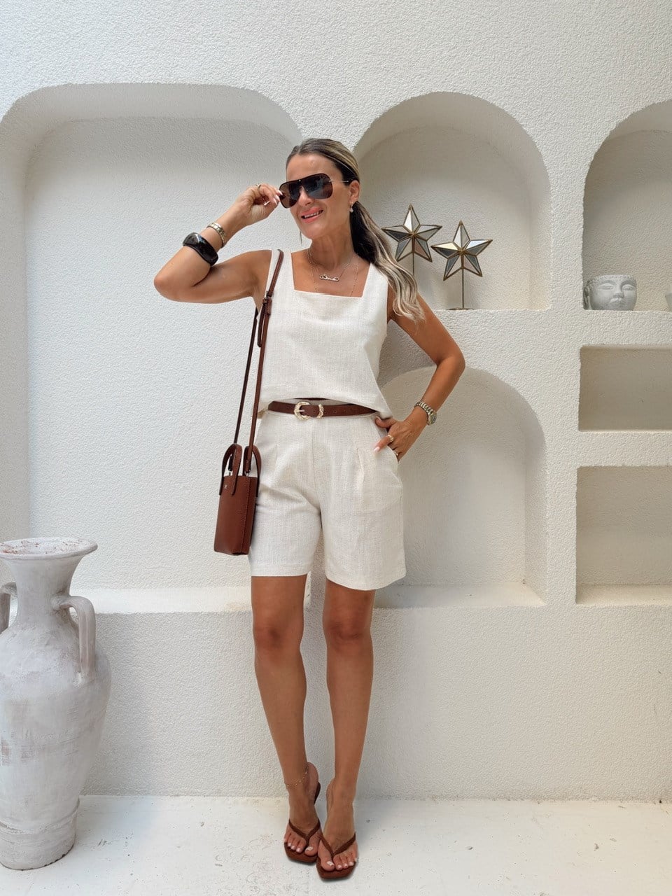 Nişantaşı Butik KARE YAKA BLUZ ŞORT NATURAL KETEN TAKIM