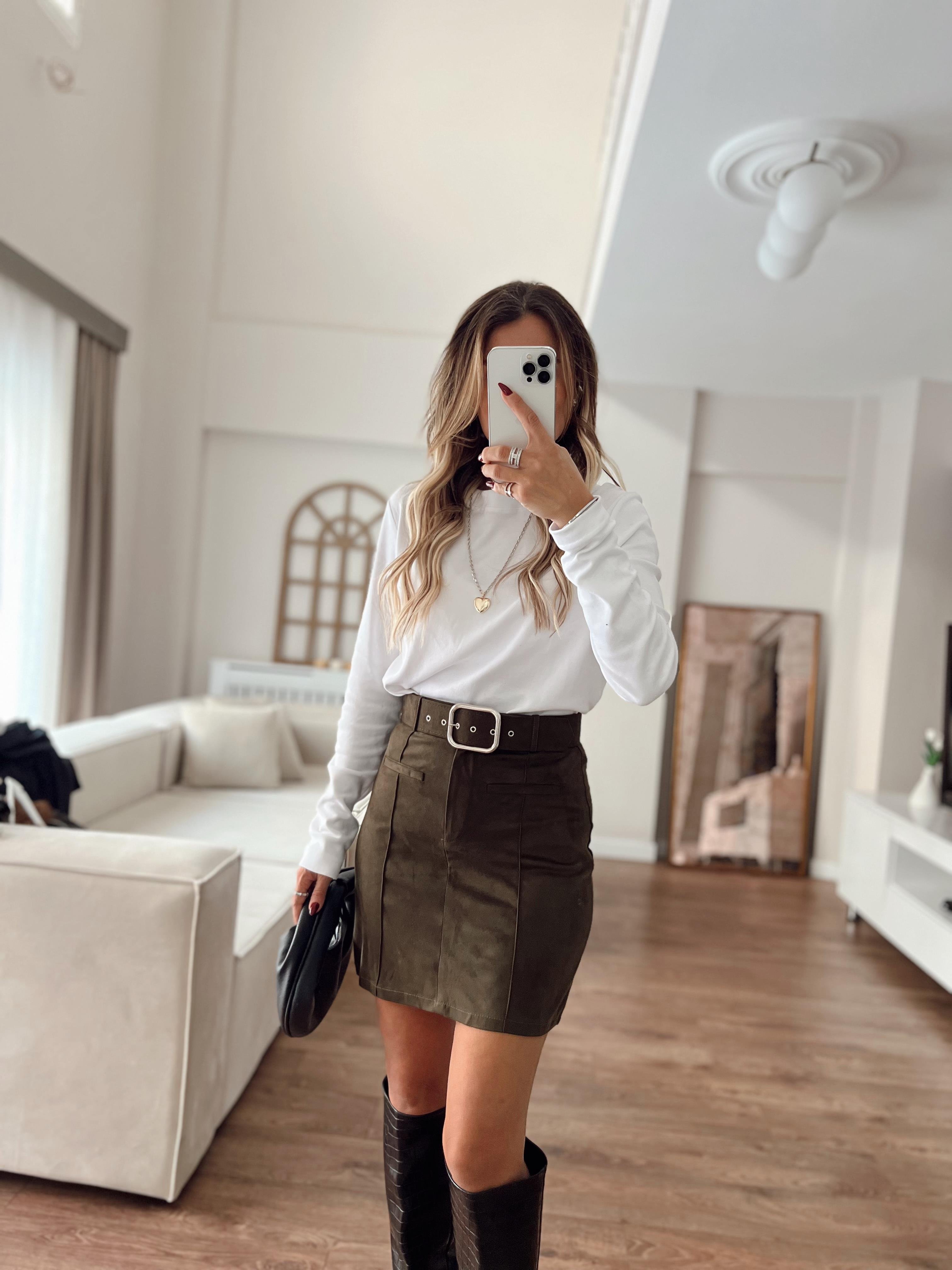 Nişantaşı Butik KEMERLİ SÜET ETEK HAKİ