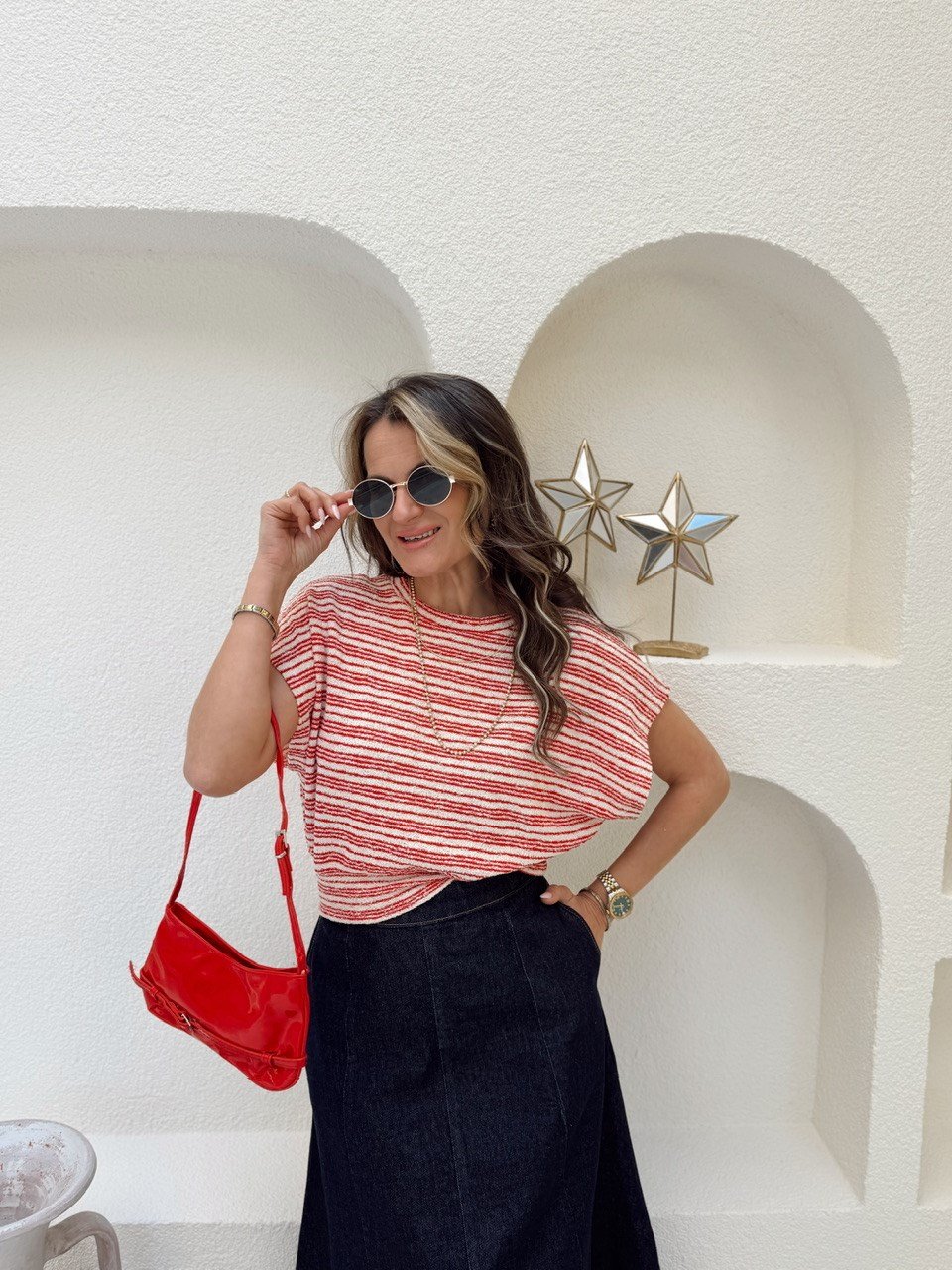 Nişantaşı Butik KIRMIZI ÇİZGİLİ MEVSİMLİK MERSERİZE BLUZ