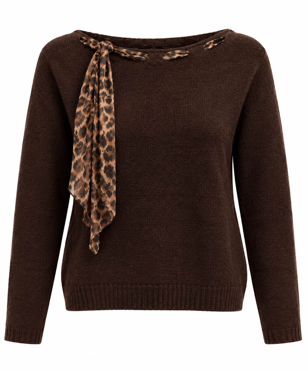 Nişantaşı Butik LEOPAR FULAR DETAY YUMOS KAZAK KAHVE